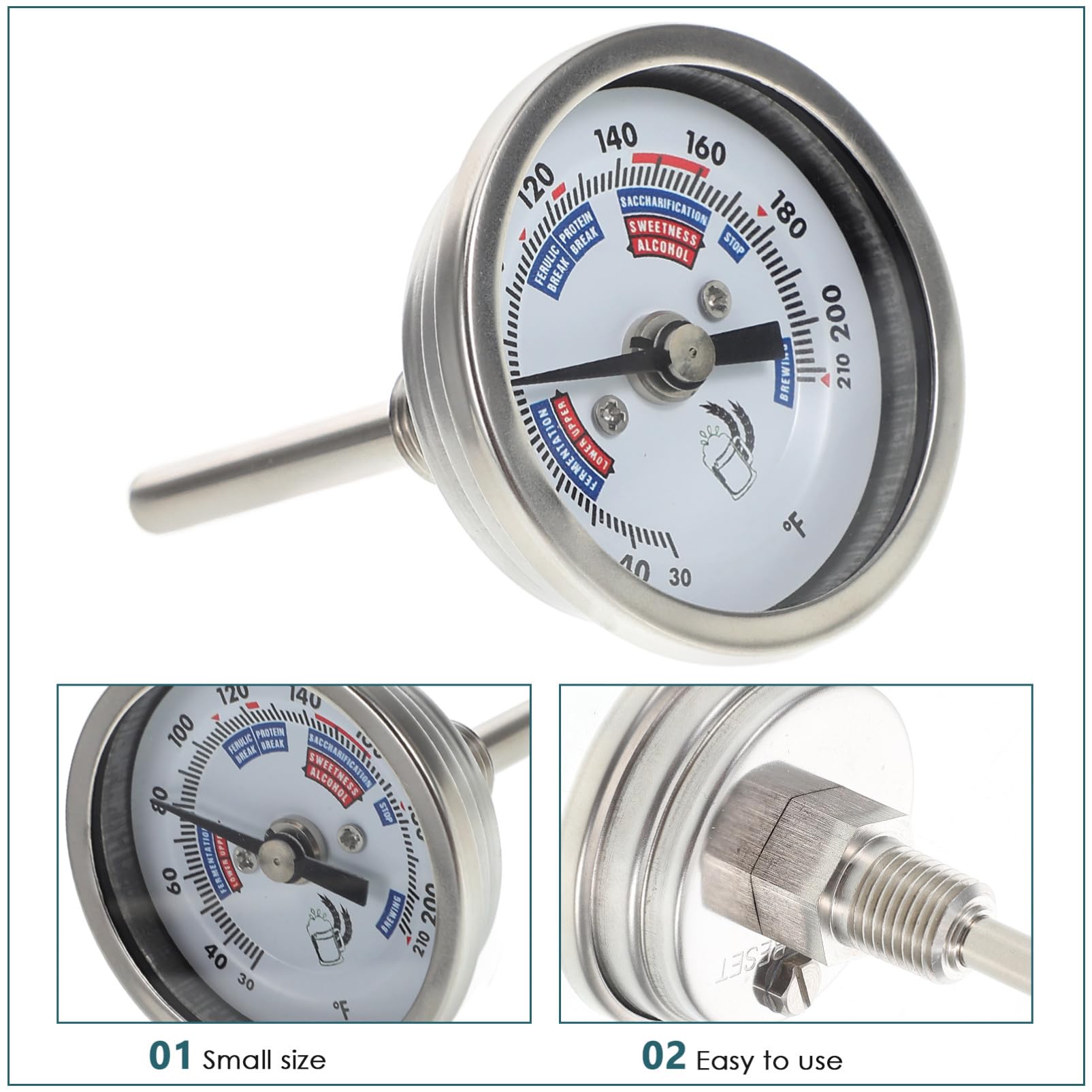 Termometro a Quadrante in Acciaio Inox per Vinificazione | Letture Precise, Uso Versatile, per Botte Vino e Attrezzatura Brassicola