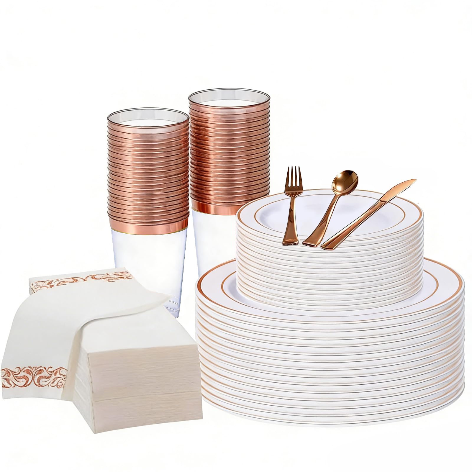 Yazoni 175PCS Reusable Plastic Dinnerware Set, Rose Gold Dinnerware Set for 25 Guests, Include: 50 Plates, 75 Silverware, 25 Napkins, 25 Cups for Party & Wedding