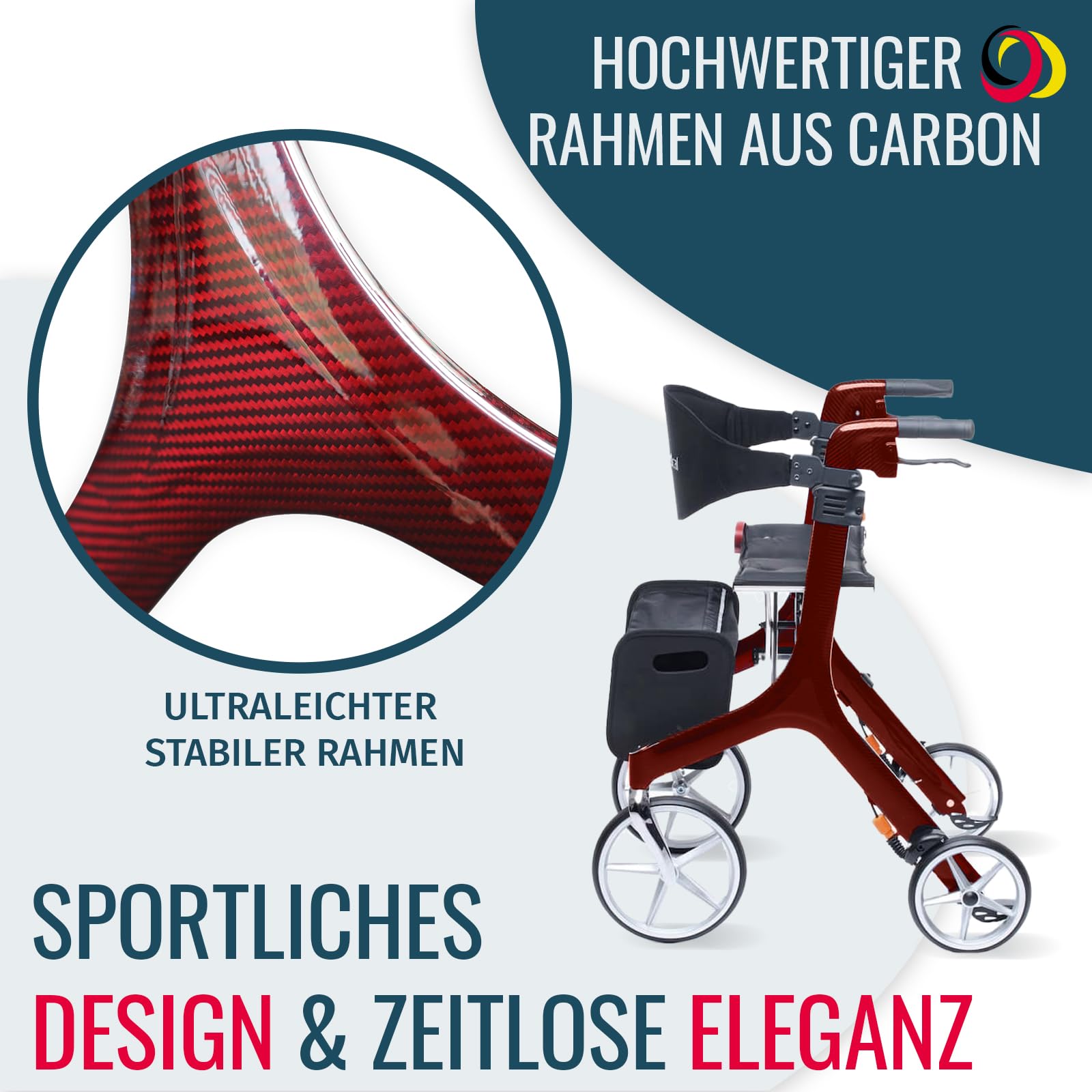 Besco Medical Carbon Rollator ultraleicht 5,9 kg - Modell L Bordeauxrot | faltbar, höhenverstellbar, mit bequemem Sitz - Premium Gehhilfe mit Rückengurt, Netztasche, Stockhalter - klappbar & leicht
