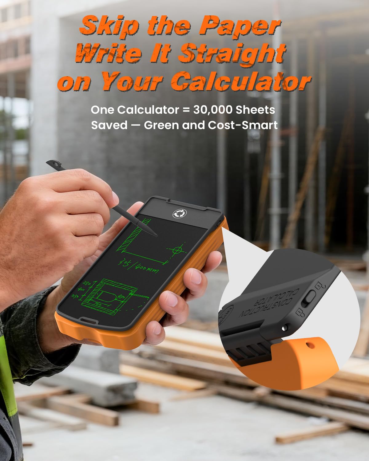 Calculadora de construcción con tableta de escritura industrial y científica ROATEE calculadora de ingeniería para contratistas, calculadoras de bolsillo de pies-pulgadas-fracción de hormigón para