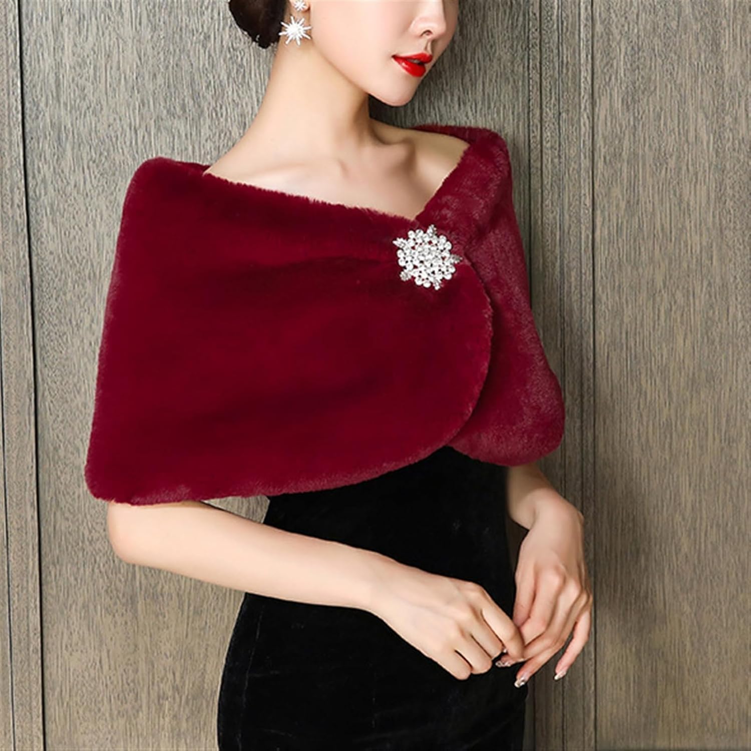 Châles Et étoles en Fausse Fourrure pour Mariage, pour Femme, avec Broche, pour Mariées Et Demoiselles d'honneur, Burgundy