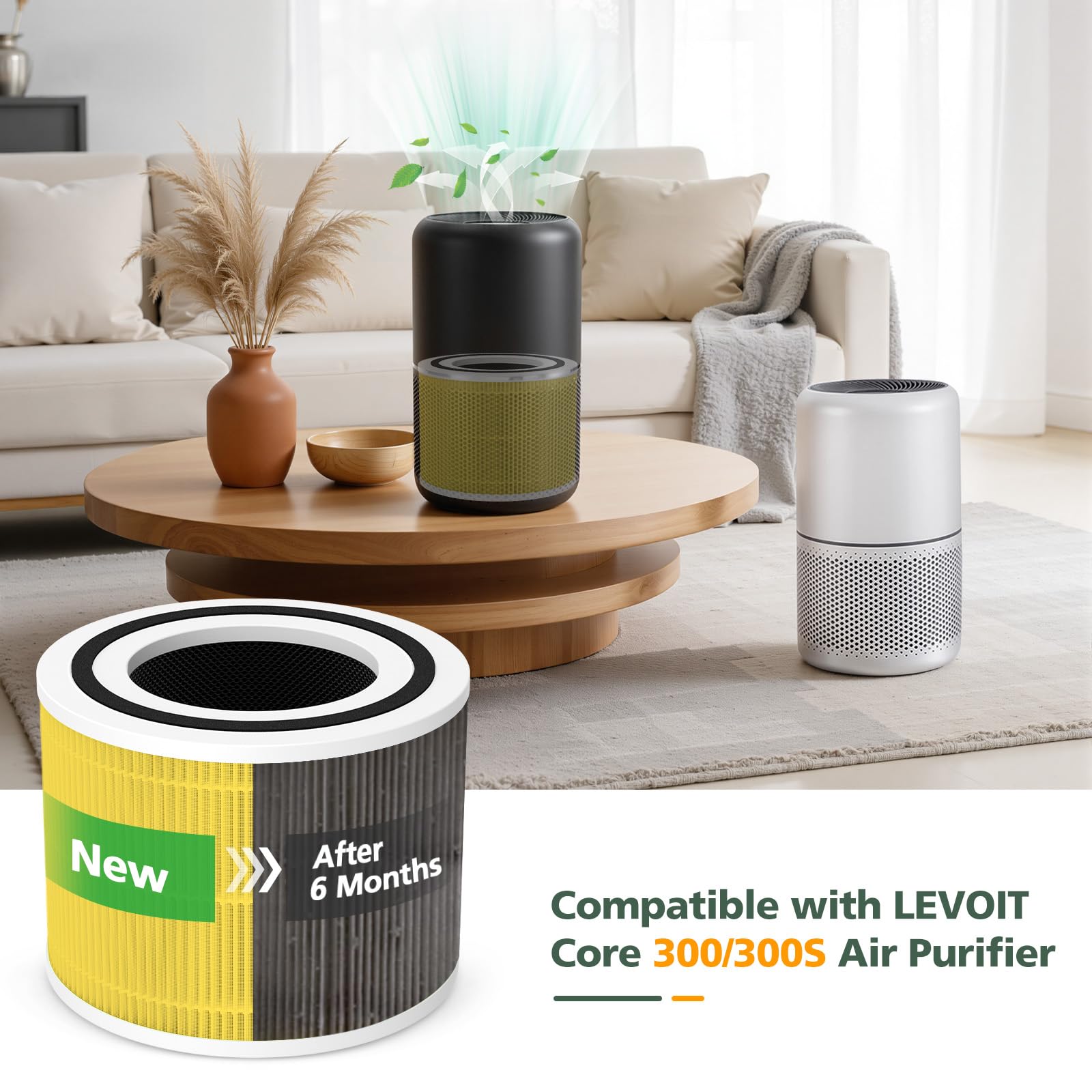 Confezione da 2 filtri di ricambio Core 300S compatibili con purificatore d'aria LEVOIT Core 300 e Core 300S, True HEPA 3 in 1 con filtro di ricambio Core 300 ad alta efficienza, giallo
