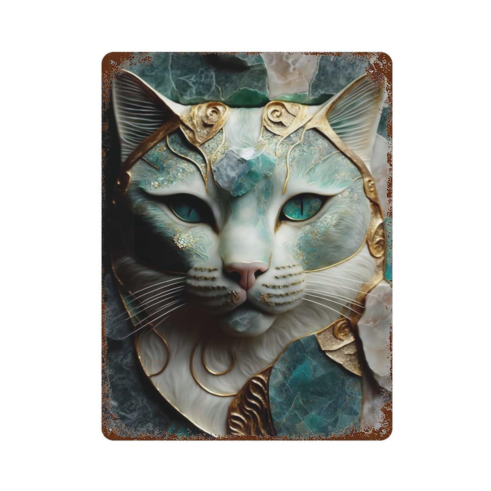 Rust Effect Abstract Cat Gem Kintsugi Decorative Tin Sign 15.7"x11.8", Rustic Home Decor for Cafe, Home Bar And Lounge Decor
