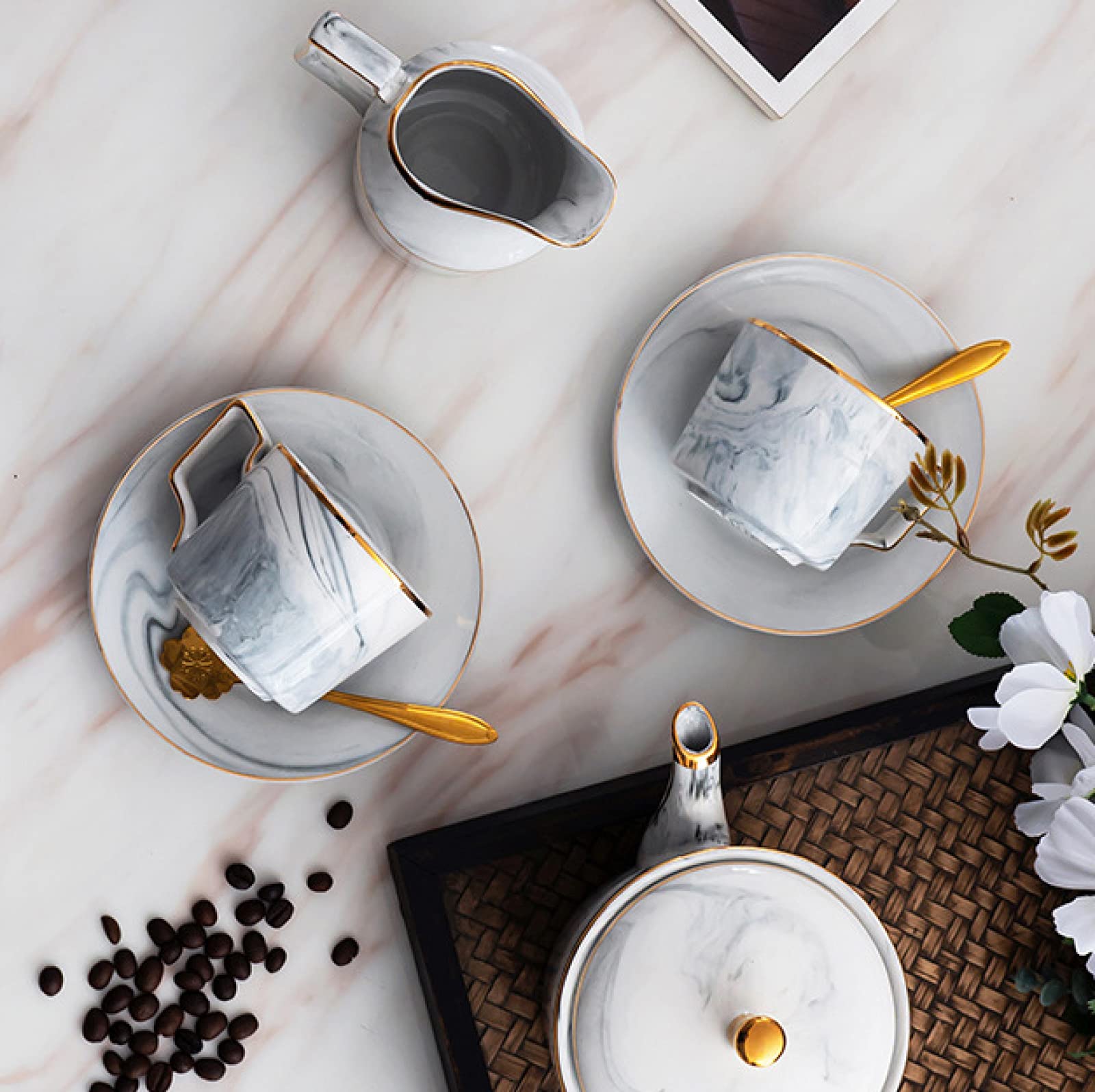 21 szt. Porcelanowe zestawy do herbaty dla dorosłych marmurowy wzór zestaw zakrętek i spodków kawy serwis herbaciany z cukiernicą, dzbankiem na mleko, łyżkami(Grey)