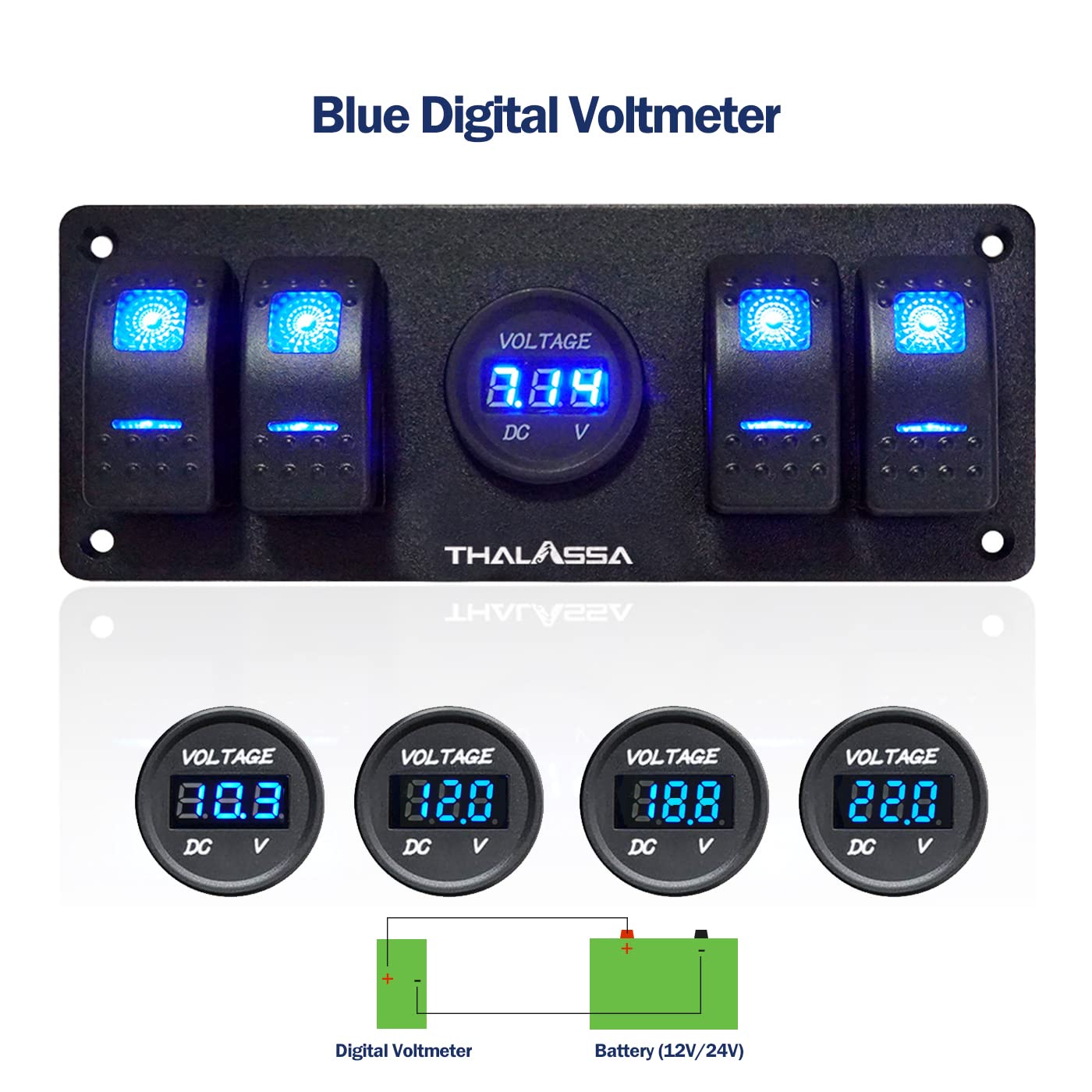 THALASSA Marine Boat Rocker Switch Aluminum Panel Waterproof with 4 Gang Blue LED On-Off Switches, and Digital Voltage Display, Work with Car, Truck, Rv Vehicles, Yacht, Van, Caravan, Camper