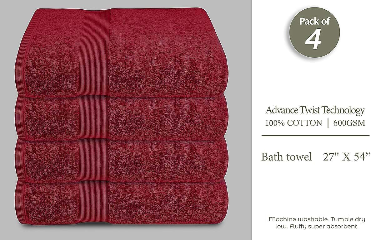 Luxury Bath Towels Set of 4 (27” x 54”) | Towels for Bathroom | Super Soft | Highly Absorbent Towels for Home, Spa, Gym (Burgundy)