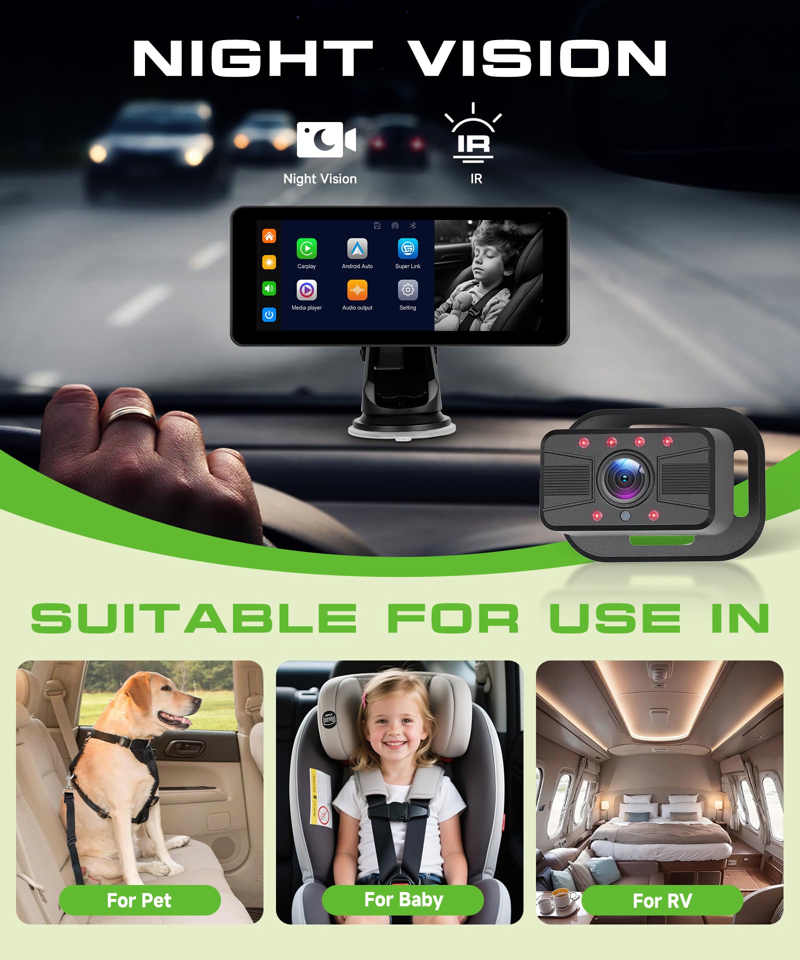 VECHTEL Camera Voiture bébé 2 enfants écran partagé 6,86 pouces HD 720P vision nocturne rotative 360° support ventouse