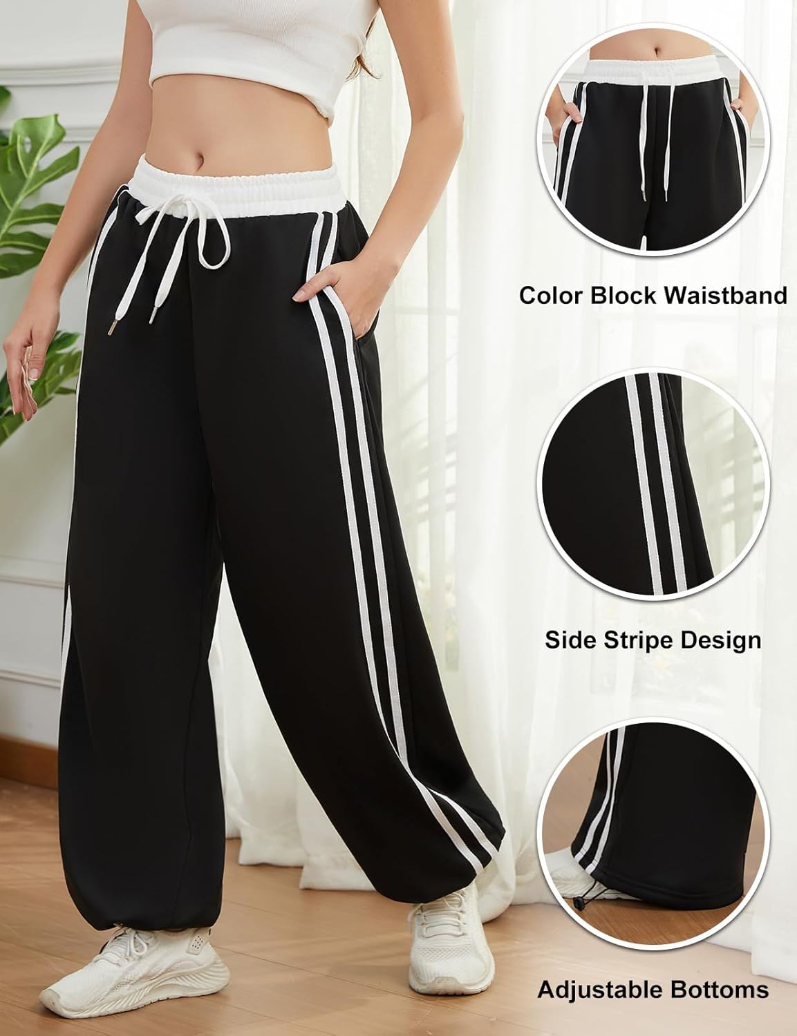 Track Pants Women Wide Leg Sweatpants High Waisted Baggy Joggers Side Stripe Drawstring Ankle Pant with Pockets - Image 4