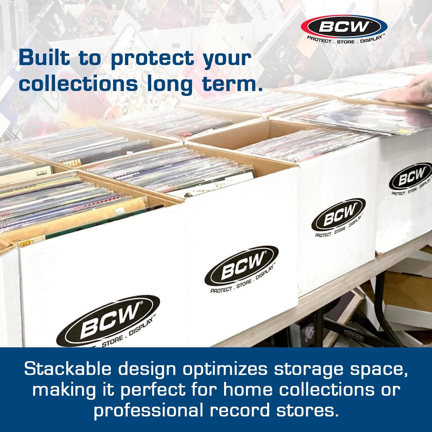 BCW Vinyl Record Storage Boxes – 10 Pack | Holds 65 LPs Each | Stackable Vinyl Record Storage Box with Reinforced Bottom & Handles | Archival Record Organizer for 12-Inch Albums, DJs & Collectors