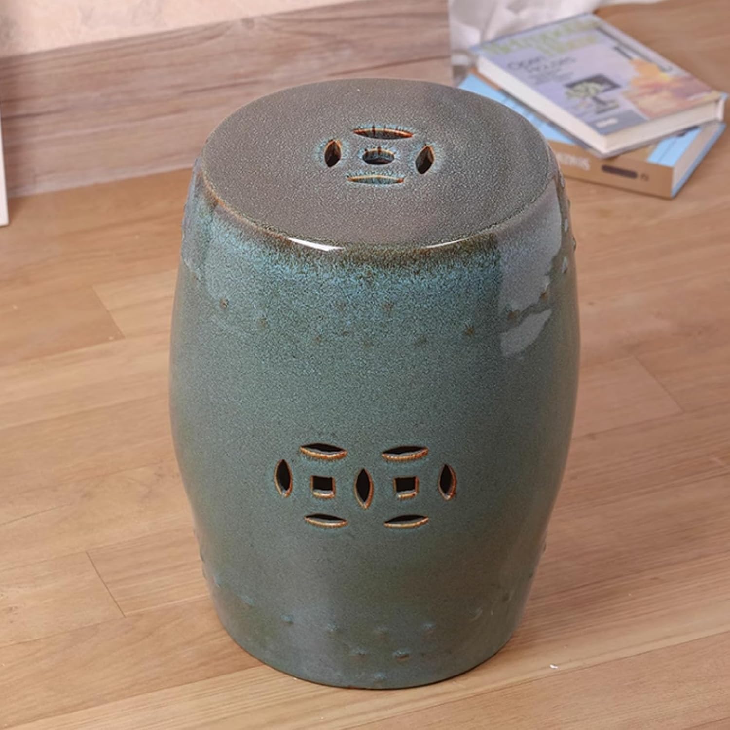 Decorative Garden Stool, Ceramic Garden Stool, Decorative Garden Stool Glazed, Porcelain Decorative Drum Stool, Chinoiserie Outdoor Garden Stool for Garden, Patio, Lawn(Blue)