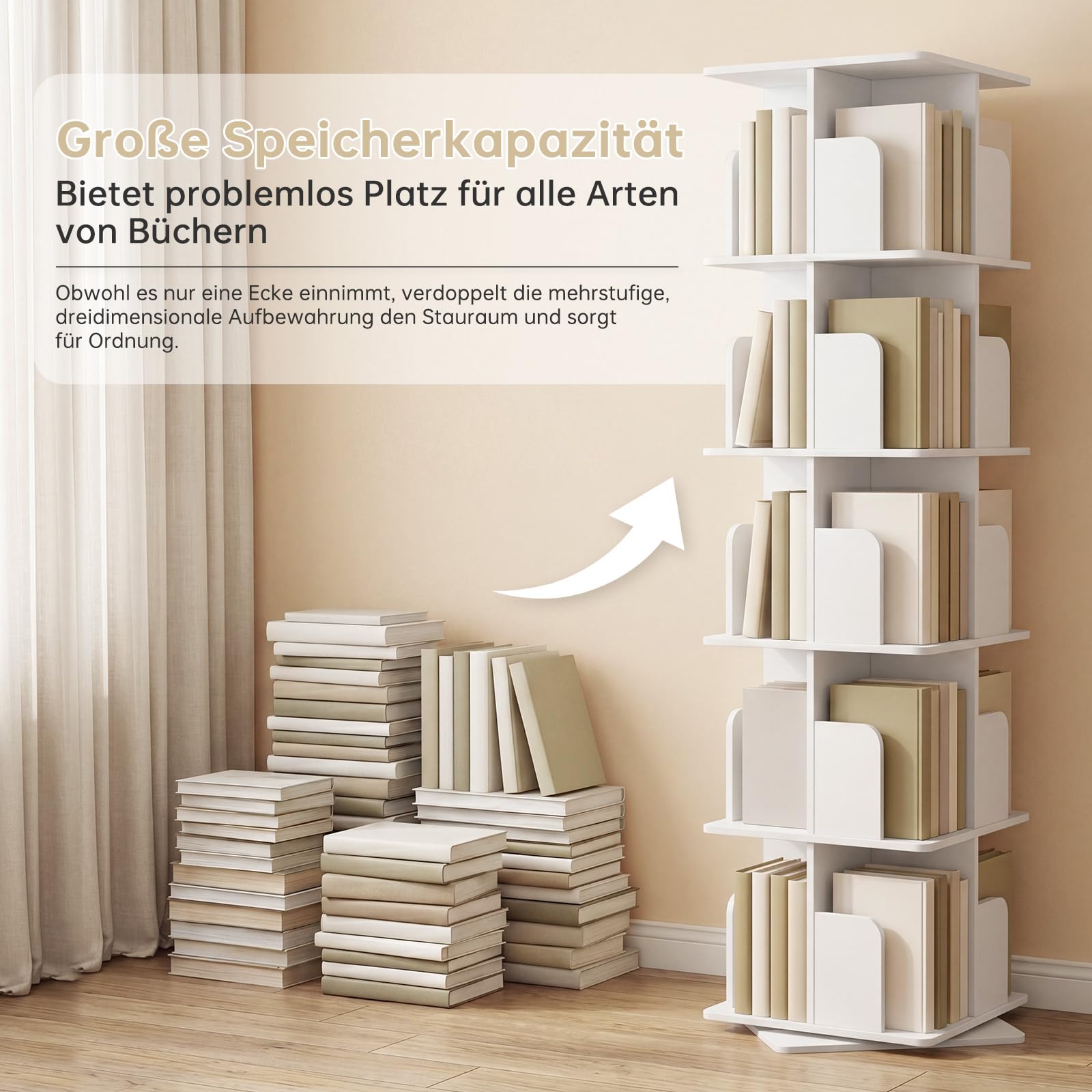 Drehbares Bücherregal 360° Frei, Bücherregal Drehbar Weiß, Bücherregal Kinder, für Wohnzimmer, Arbeitszimmer, Büro, als Raumteiler, 5 Ebenen