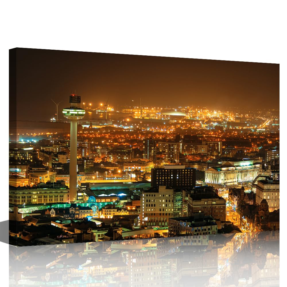 TISHIRON Liverpool Cityscape Picture on Canvas - Liverpool Night Skyline Rooftop View Giclee Wall Art for Home Decor, Gallery Wrapped, Stretched and Framed Ready to Hang 18x12 inch — image 1