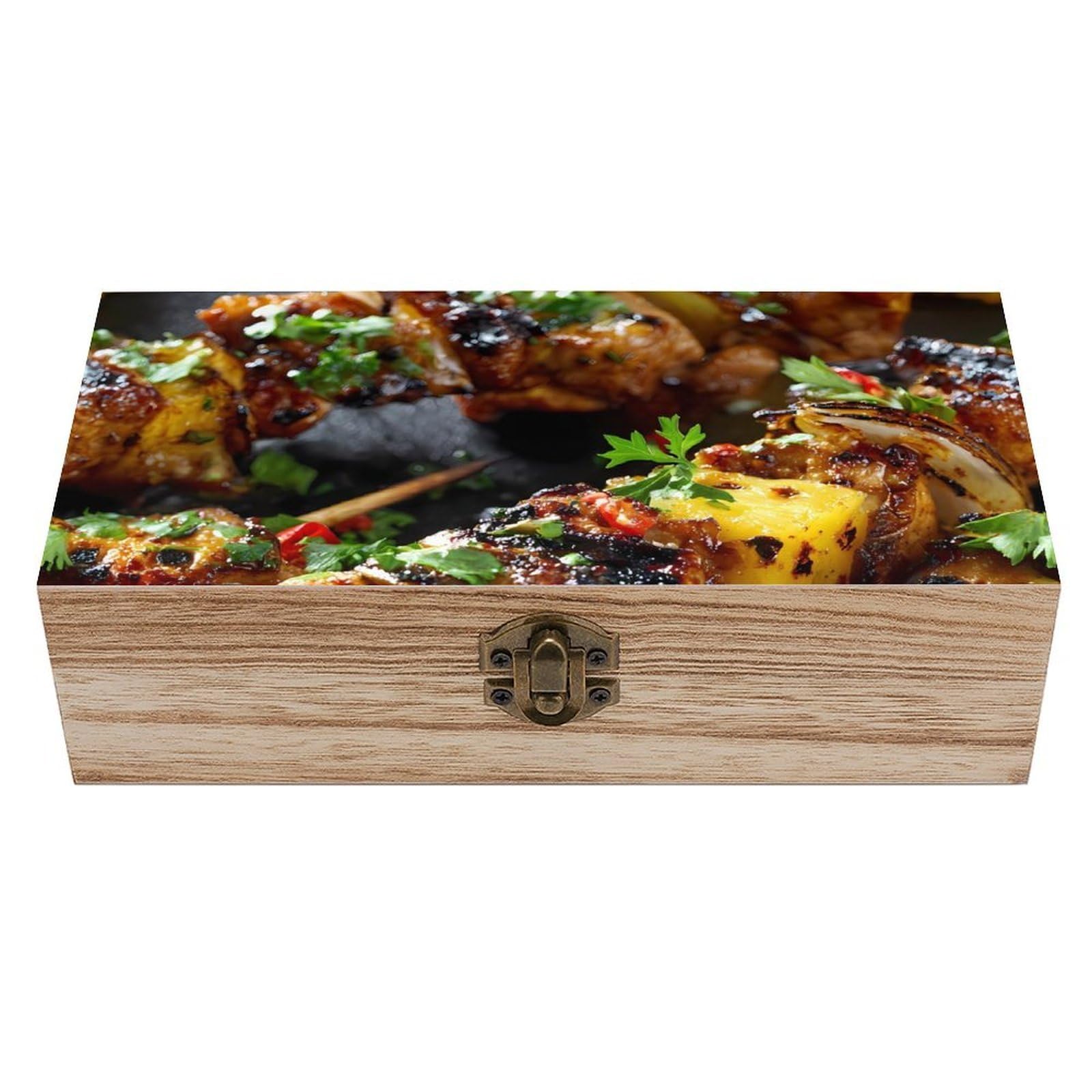 HLBSDM Grilled Pine Pork Kebabs Wooden Storage Box Craft Memory Keepsake Treasure Chest Box Jewelry Organizer