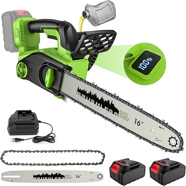 Tronçonneuse électrique sans fil 2200W brushless, guide 40 cm, 2 batteries 4.0Ah, écran LCD, graissage automatique