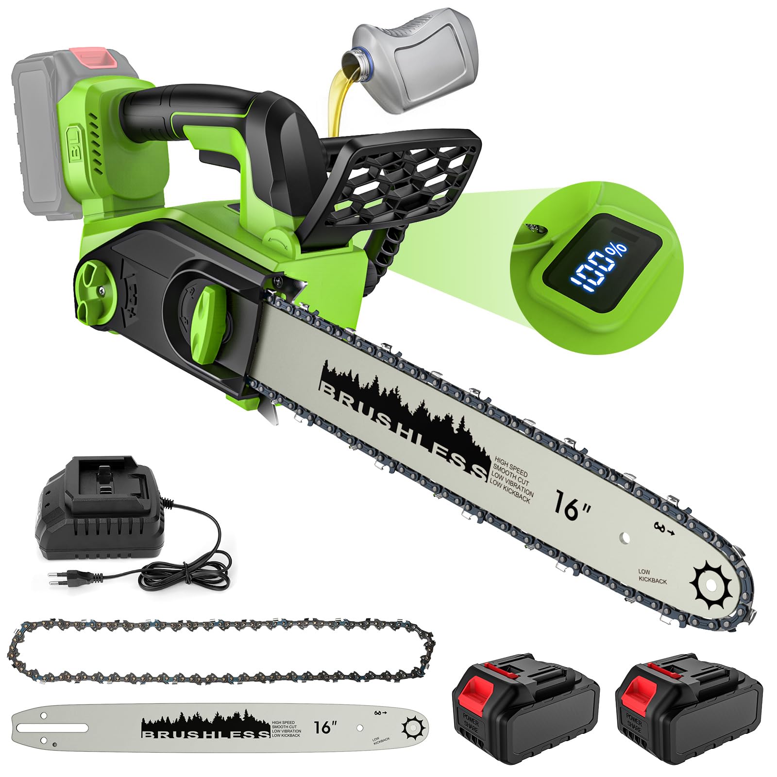 IERAKOR Motosega a Batteria, Motosega Elettrica Brushless 40 cm | 2200W, 2 Batterie 4.0Ah, Display LCD, Lubrificazione Automatica, Freno Catena, Fai da te, Sega Elettrica per Potatura