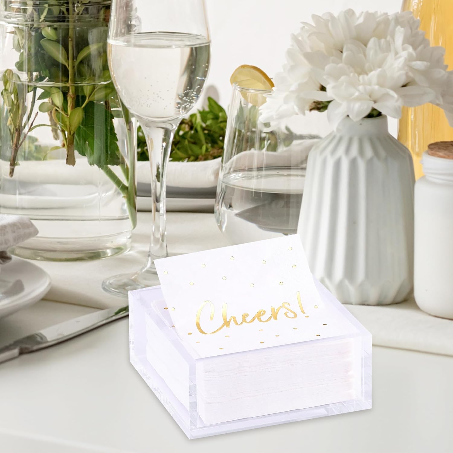 Premium Acrylic Cocktail Napkin Holder - Elegant Napkin Holder with Bonus 20 Gold Embossed 'Cheers' Napkins Included- 5x5 Inches