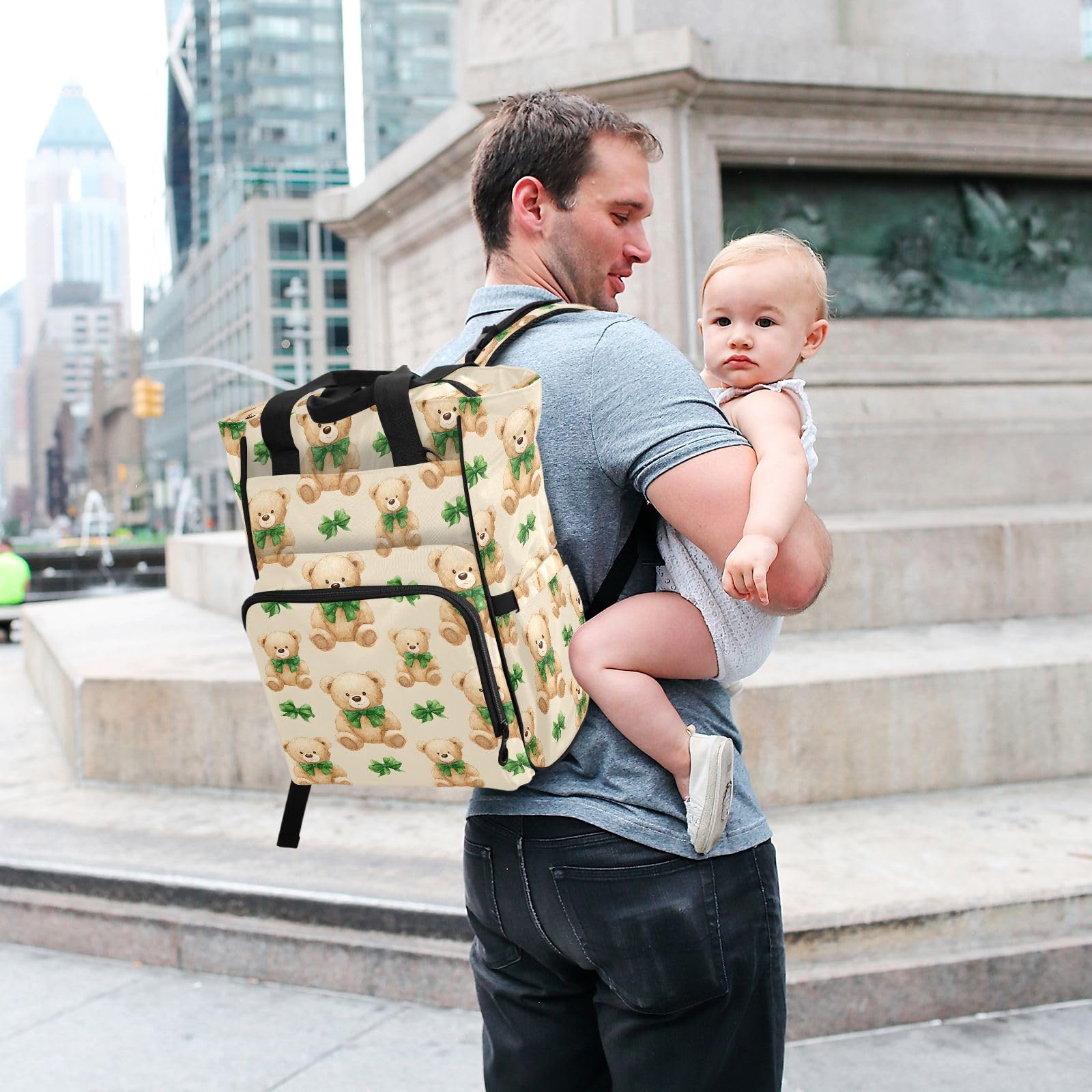 Mnsruu Baby-Wickeltasche mit Schleife, Teddybär-Muster, große Tasche, wasserdicht, Reise-Wickeltaschen für Mütter und Väter