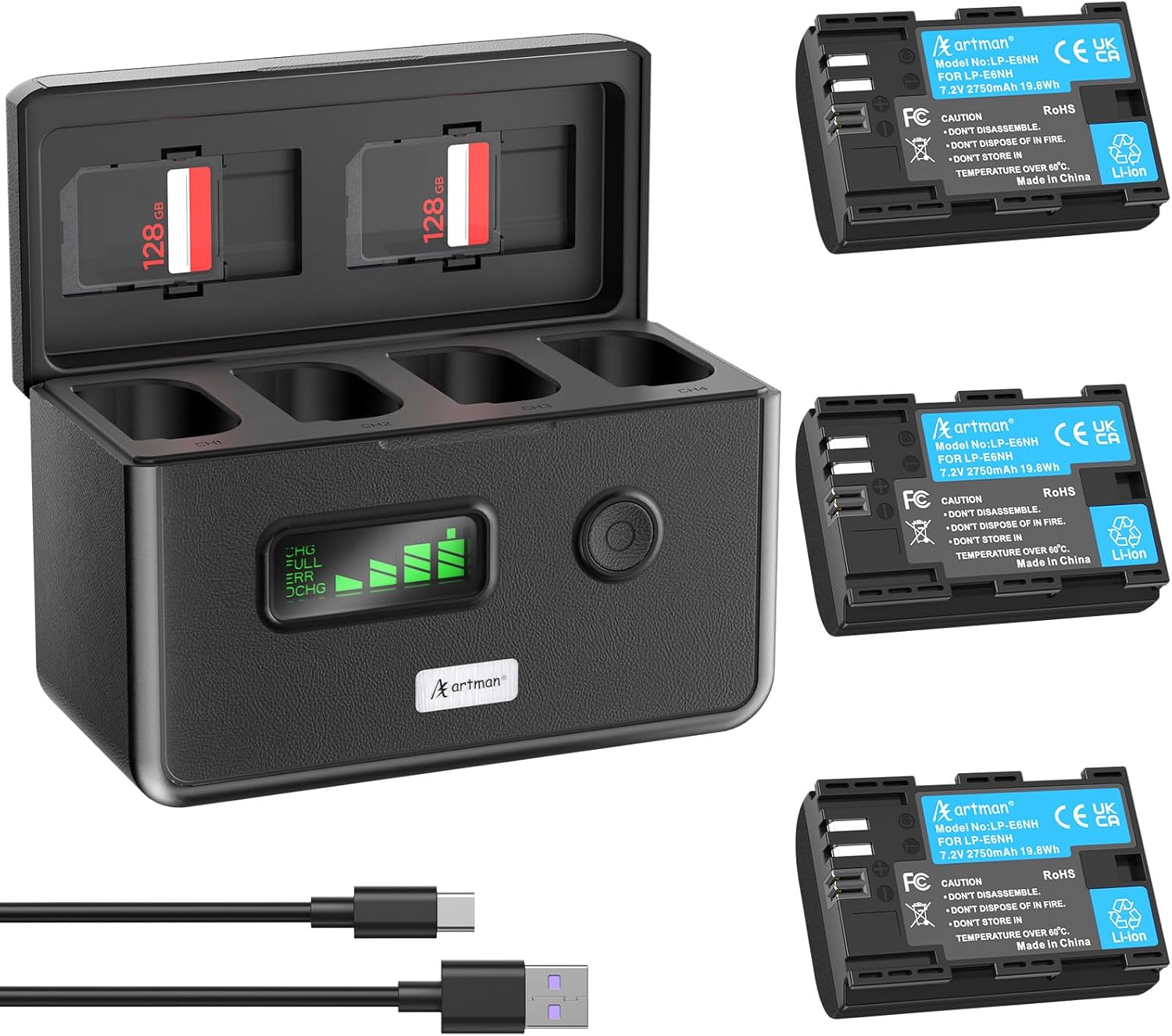 Artman LP-E6NH Battery 3-Pack 2750mAh and 4-Slot LCD Charger for Canon EOS R R5 R6 R7,R5 Mark II,R6 Mark II,5D Mark II III IV,5D SR,6D Mark II,7D Mark II,6D 7D 90D 80D 70D,60D DA,XC10 XC15 Cameras