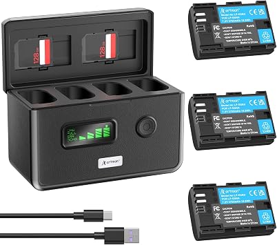 Artman LP-E6NH Battery 3-Pack 2750mAh and 4-Slot LCD Charger for Canon EOS R R5 R6 R7,R5 Mark II,R6 Mark II,5D Mark II III IV,5D SR,6D Mark II,7D Mark II,6D 7D 90D 80D 70D,60D DA,XC10 XC15 Cameras