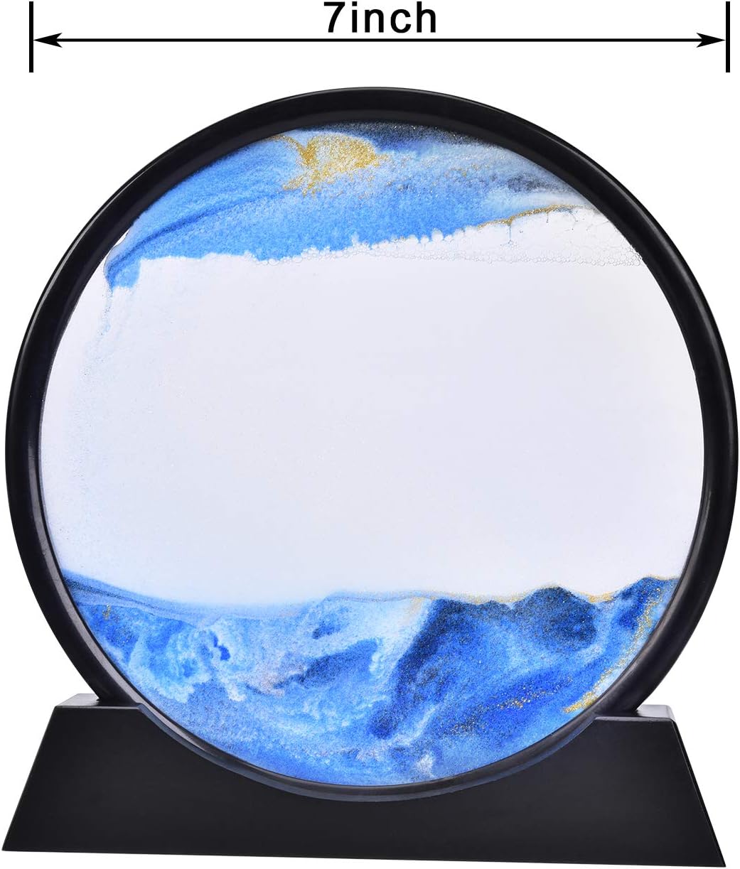 SNNplapla Moving Sand Art Picture Sand Art Liquid Motion Round Glass 3D Deep Sea Sandscape in Motion Display Flowing Sand Frame Desktop Art Bookshelves Home Office Decoration (7in, Blue)