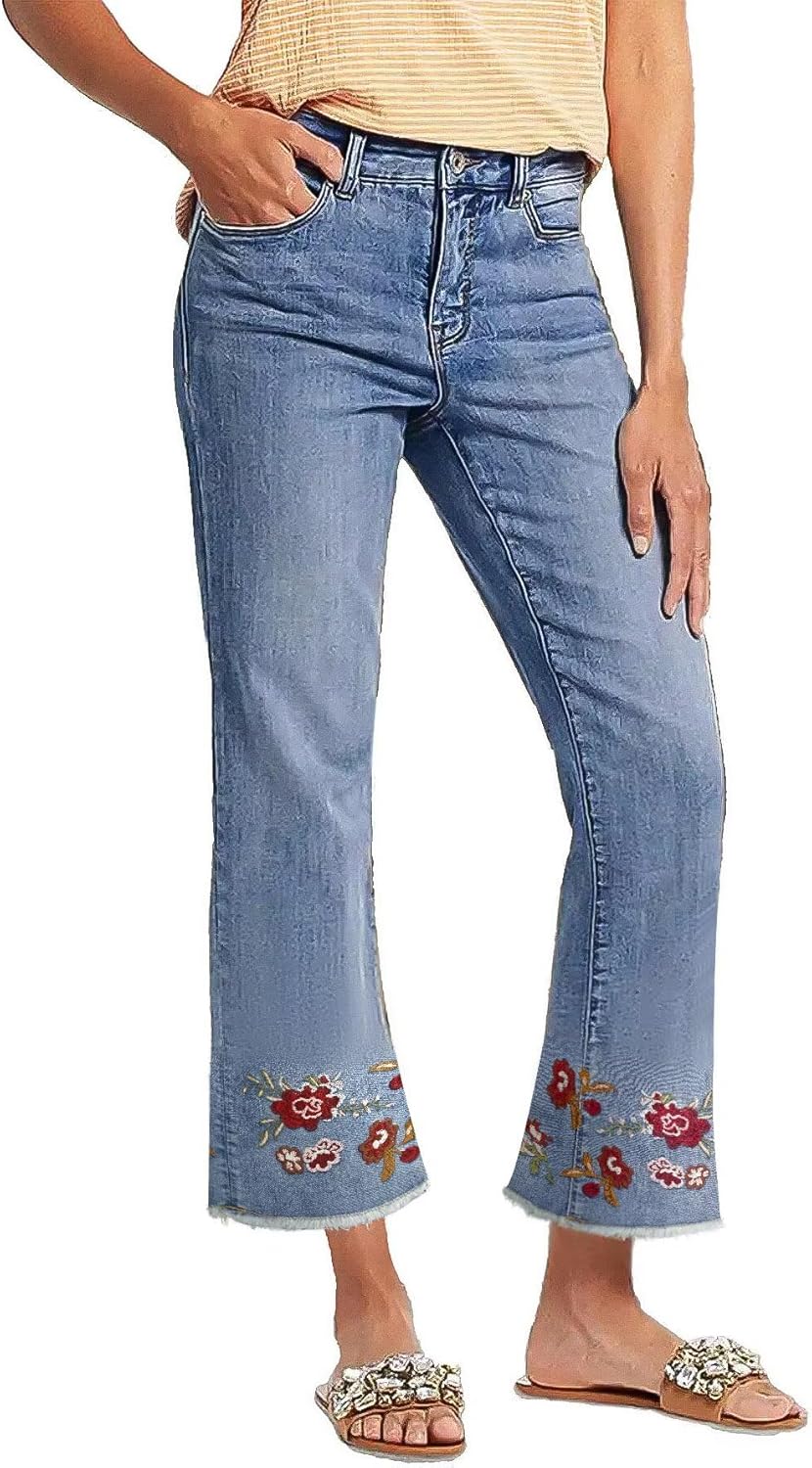 Flamingals Straight Leg Jeans for Women Low Rise Cropped Jeans Wash Embroidery Raw Hem Denim Pants