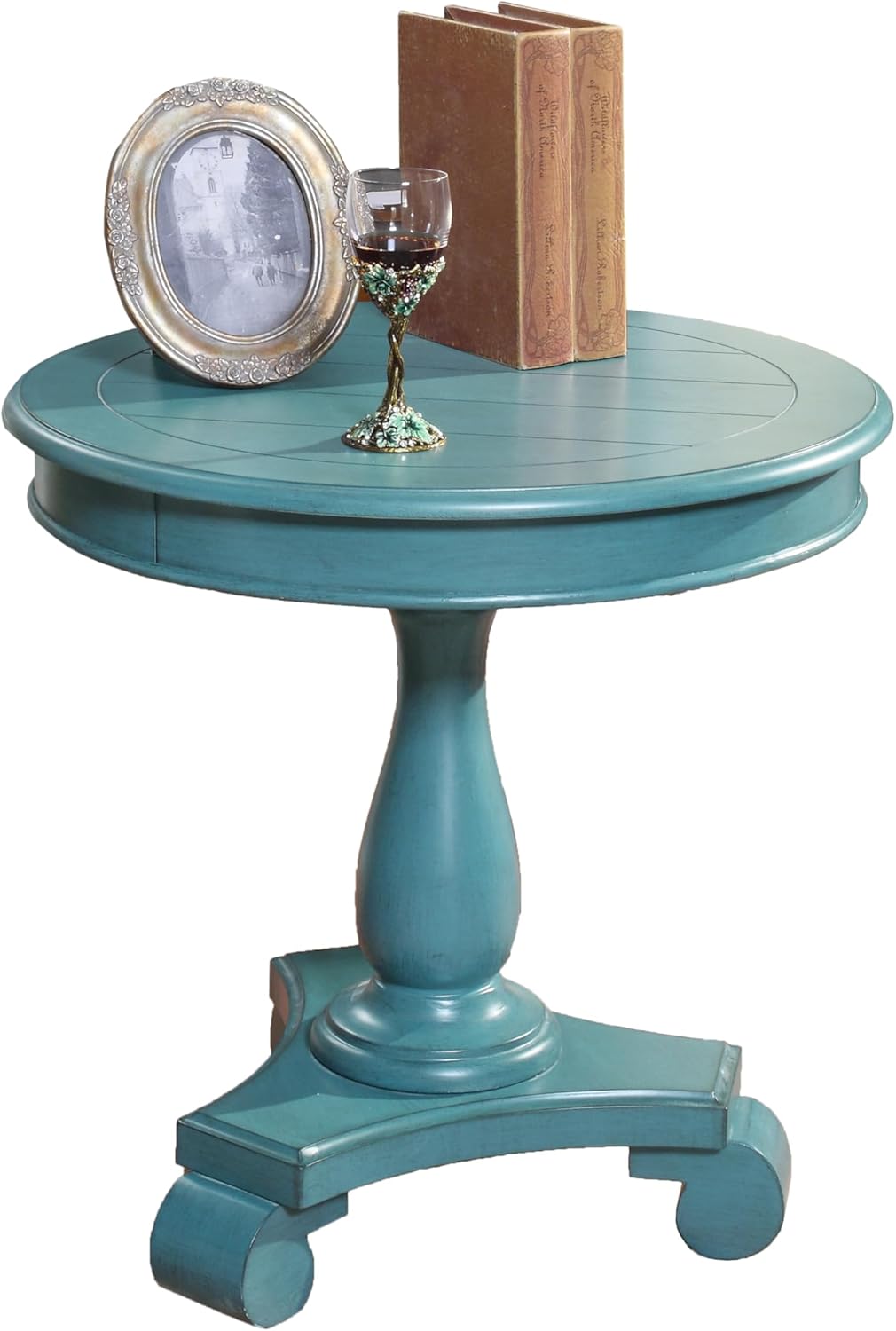 Round Wood Pedestal Side Table, Teal