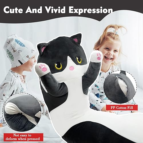 Miniatura 3 de Almohada larga de felpa de gato negro de 19.6 pulgadas, lindo peluche de animales de peluche, juguete de peluche suave Kawaii gatito, regalo de