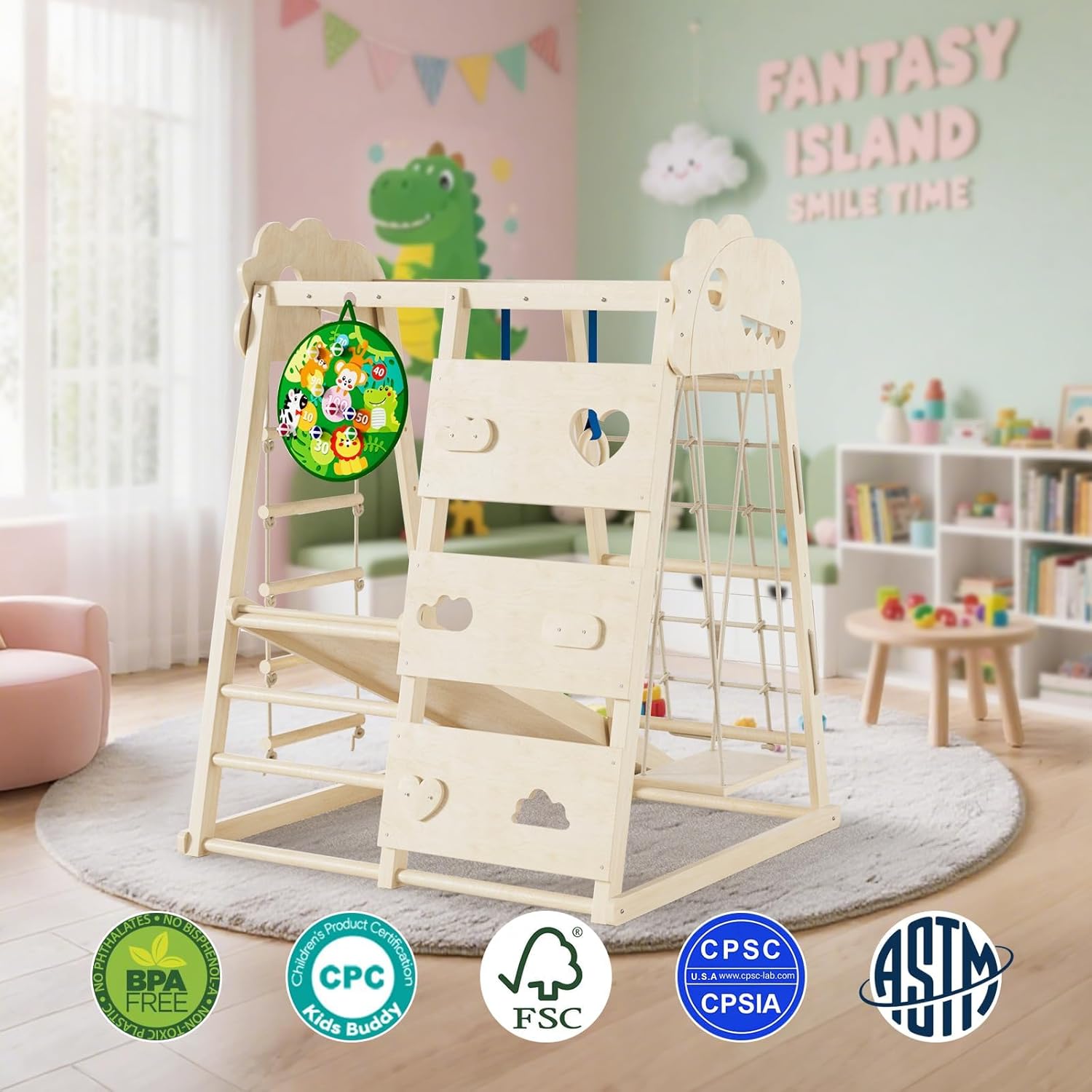 8-in-1 Indoor Playground, Indoor Jungle Gym for Kids, Wooden Montessori Climbing Toys with Rings, Slide,Rope Ladder, Monkey Bar, Climbing Net, Climbing Rock, Swing, Dart Board