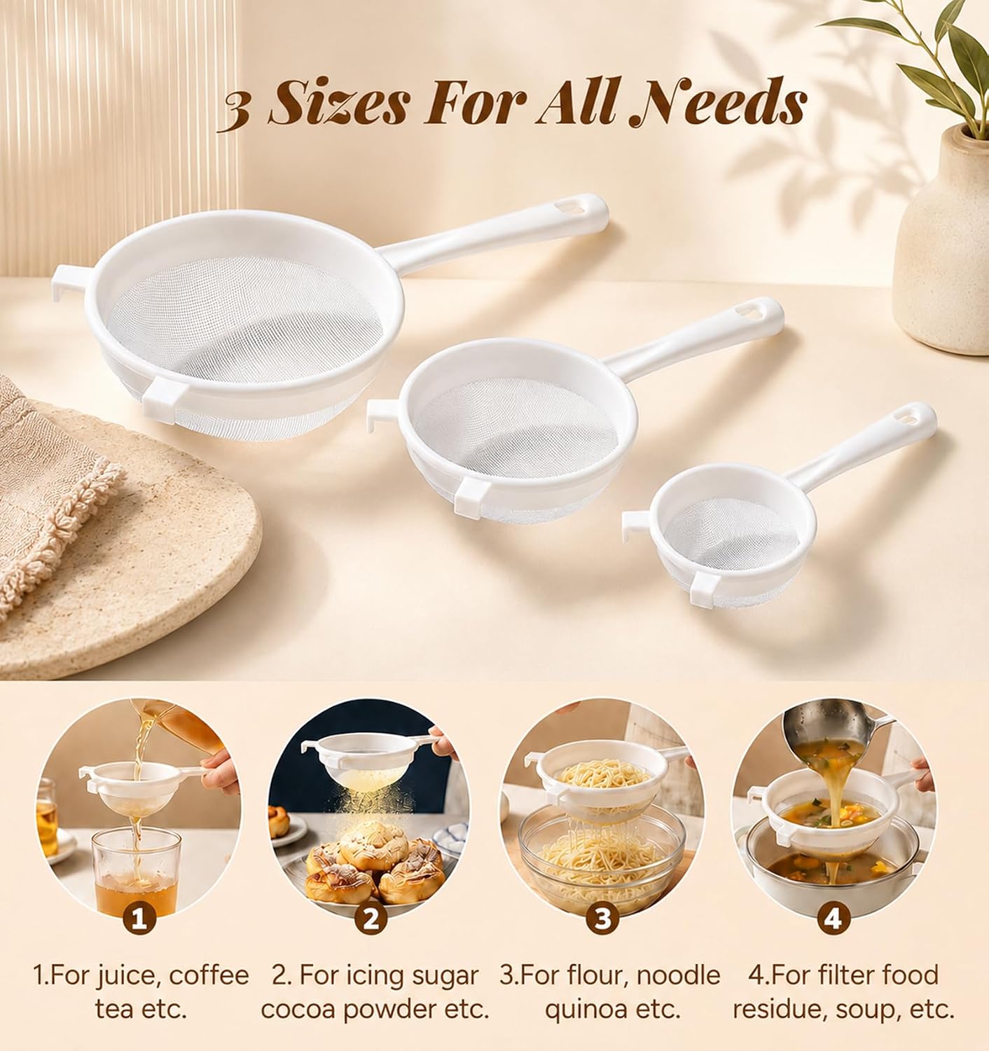 3 Pcs Plastic Strainer for Kefir Grains, Nylon Mesh Strainer for Kitchen