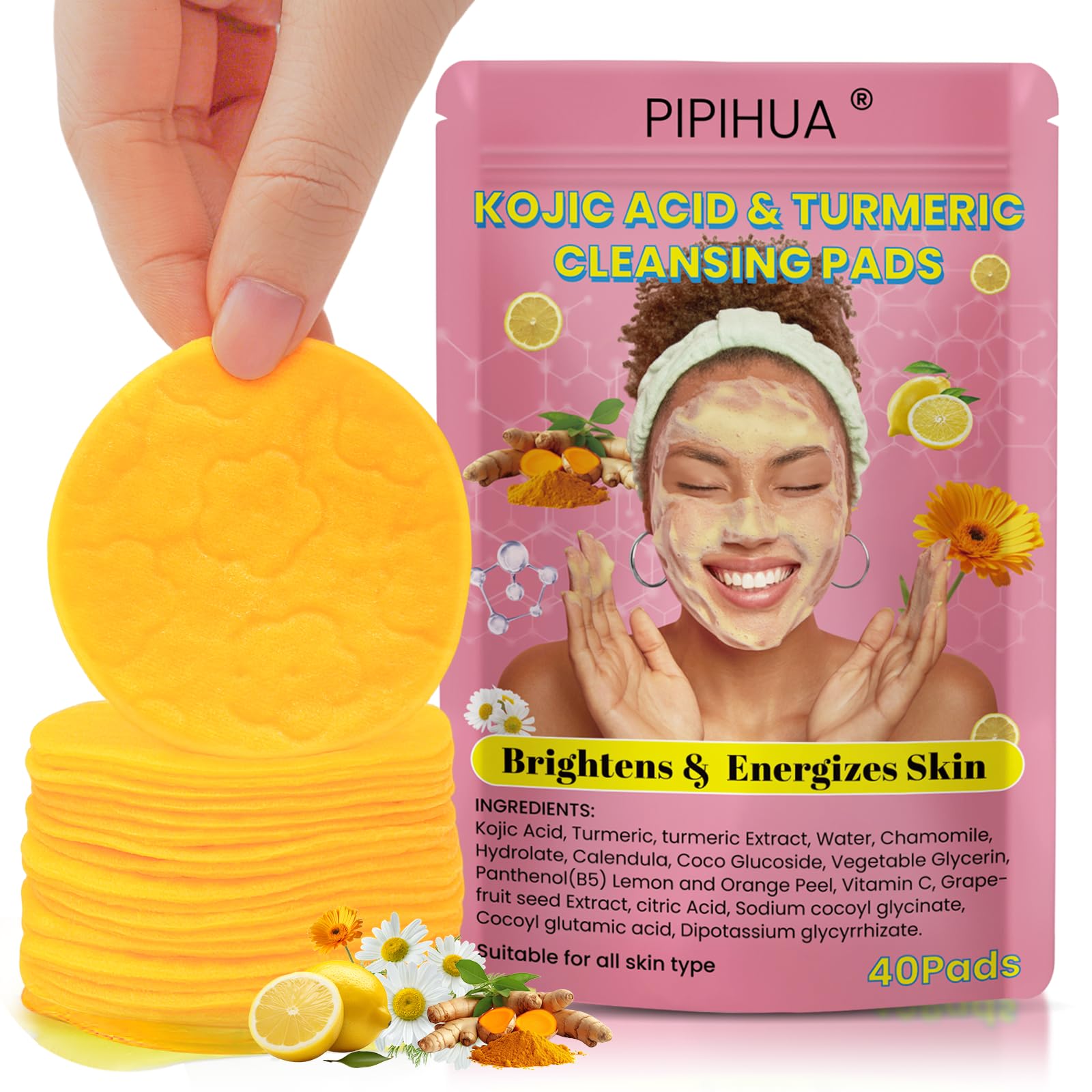 Kurkuma & Kojisäure Gesichtspeeling-Pads – 40 Stück, Gegen Dunkle Flecken