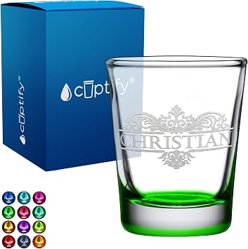 Custom Shot Glass Vestige Name 2oz Green Bottom Etched with Personalized Text for Gifts, Weddings, Birthdays, Party, Event, Decorations