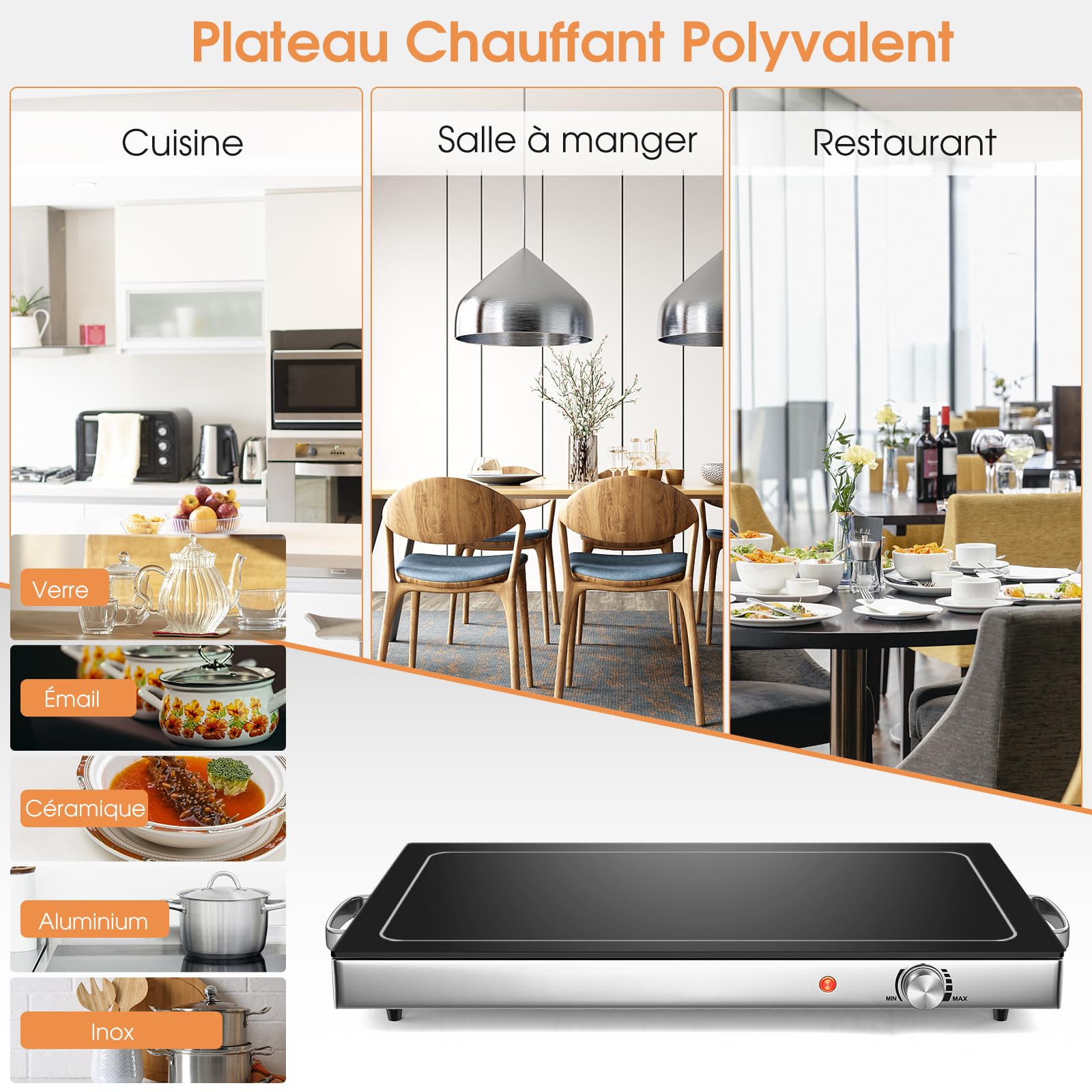 RELAX4LIFE Chauffe-Plat Électrique 300W avec Plaque en Verre Trempé 56 × 36 cm & Poignées Latérales en INOX pour Maintenir au Chaud, Traiteur, Buffet & Fête, Chauffe Rapide…
