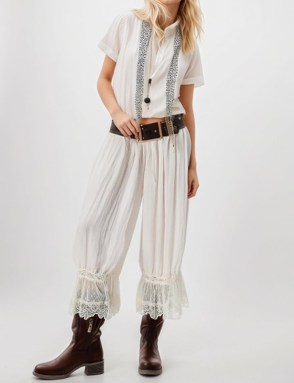 Women Lace Trim Long Bloomers Y2k Elastic Waist Lace Patchwork Pettipants Pantaloons Slip Cropped Pants - Image 3
