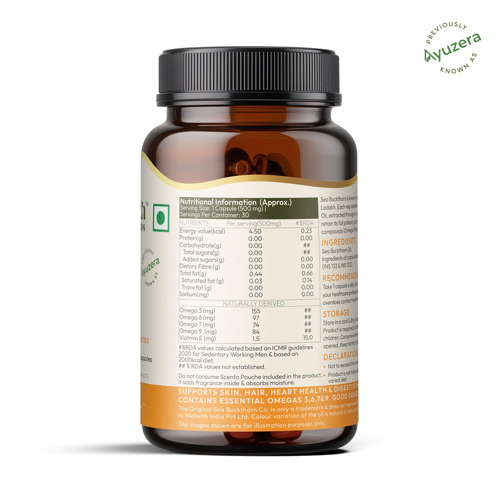 Wellwith (Ayuzera) Sea Buckthorn Berry Oil Vegan Omega 7 500mg, 90 Veg HPMC Capsules (Pack of 3), 45-Day Supply| Sea buckthorn capsules rich In Omega 3, 6, 7 & 9 For Muscle, Bone, Heart & Skin — Amazon image 8
