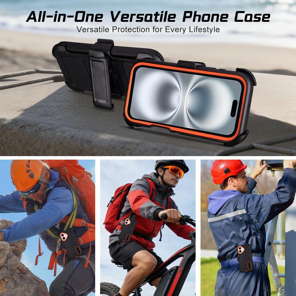 for Phone Case iPhone 16 Case with Belt Clip Holster, Rugged Protective for Outdoor Adventures, Military-Grade Shockproof Cover with Clip Kickstand, Dustproof Port Protection (Black Orange)
