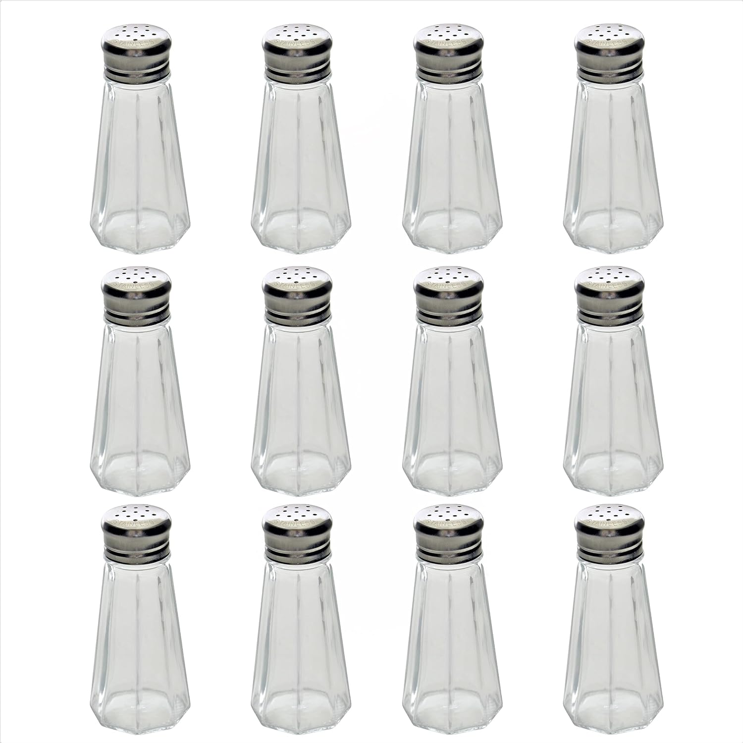 TrueCraftware- 2 oz Classic Square Glass Salt Pepper Shakers with Stainless Steel Mushroom Tops Set of 24- Salt Pepper Shaker Stainless Lid Glass Spice Jars Kitchen Essentials for Home Kitchen