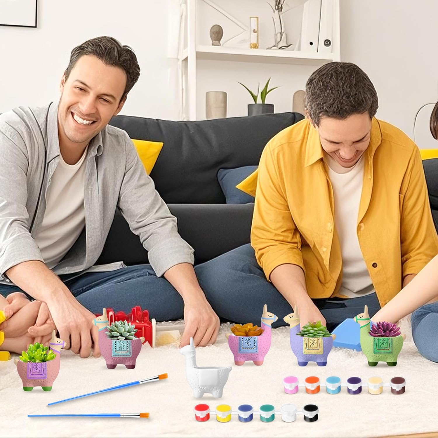 Pasimy 6 Set Ceramics to Paint DIY Ceramic Succulent Planter Pots Paint Your Own Flower Pots Craft Kit Unpainted Bisque Flowerpot with Brush Palette for Family Activity Holiday Gifts(Alpaca)