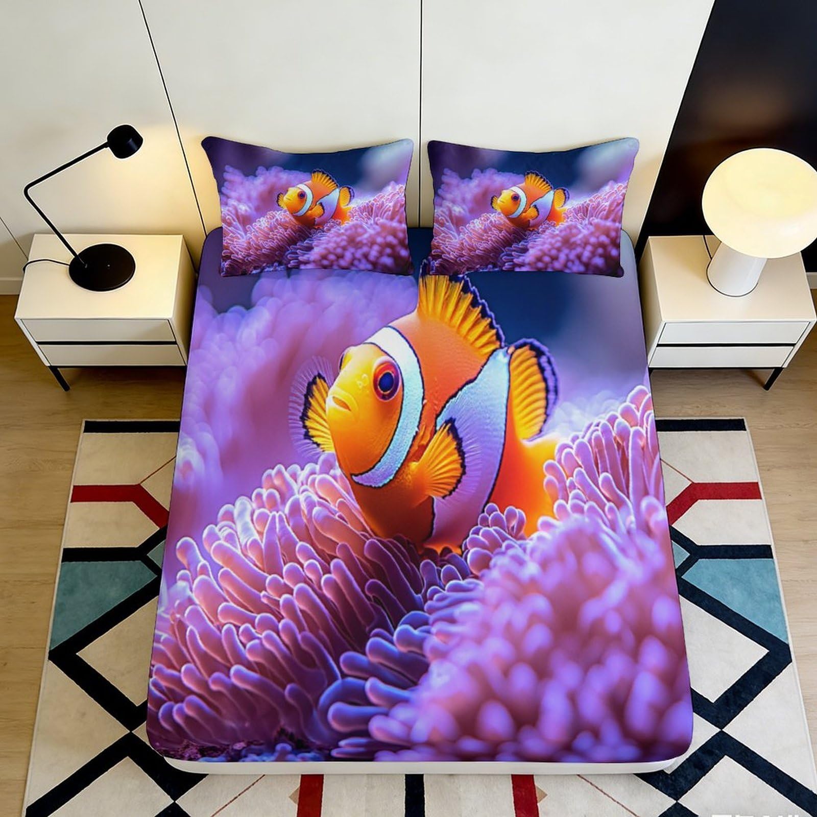 3D Printed Clownfish Coral Fitted Sheet Microfiber Soft Anti-Slip Ocean Reef Bed Cover Machine Washable Decor 90x200x25cm
