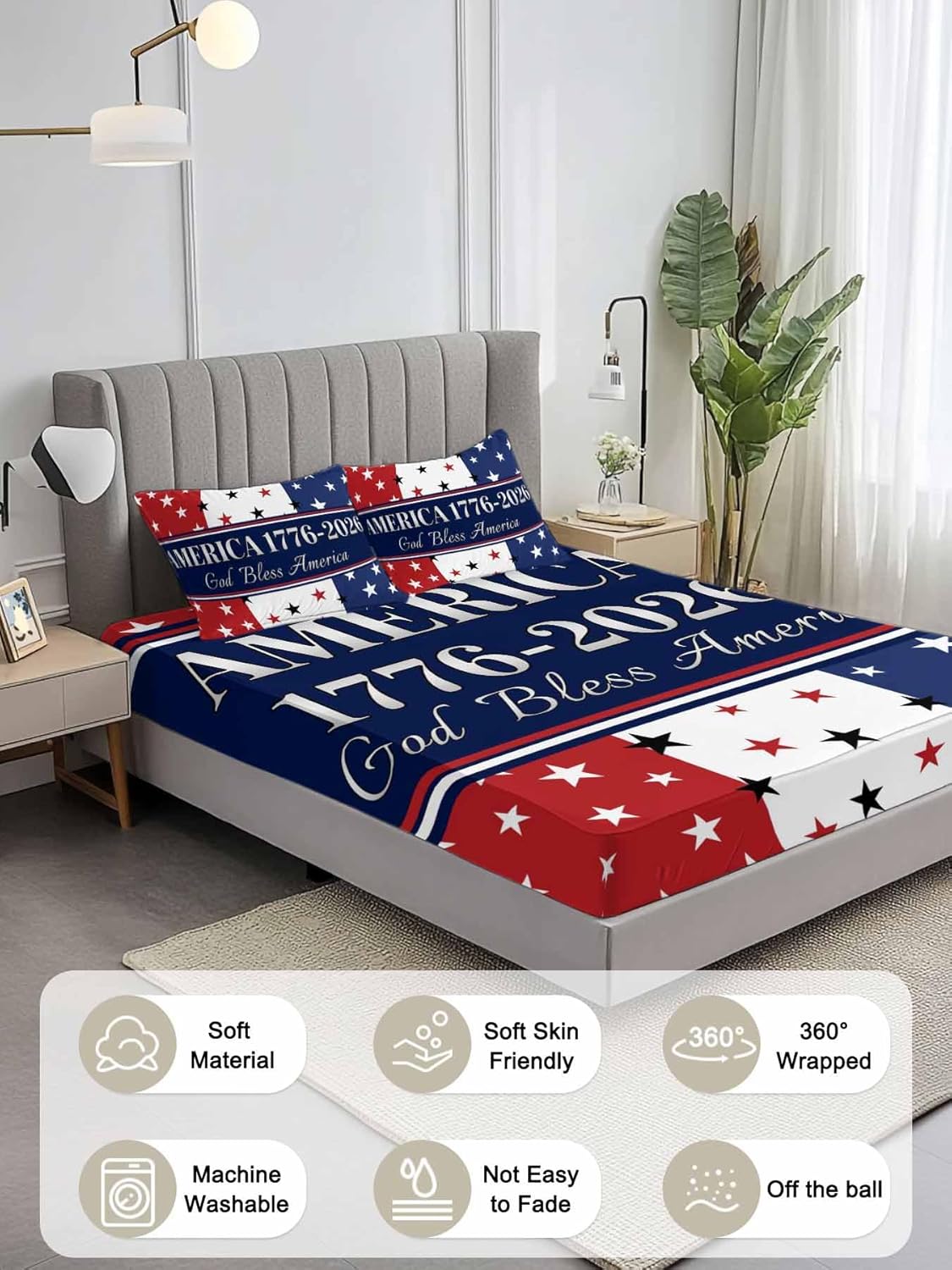 Queen Size Fitted Sheet Set - America Flag 3 Piece Bedding Sets 16" Deep Pocket Fitted Sheet with 2 Pillowcases, Red Blue White Star Independence Day Brushed Microfiber Hotel Luxury Bed Sheets