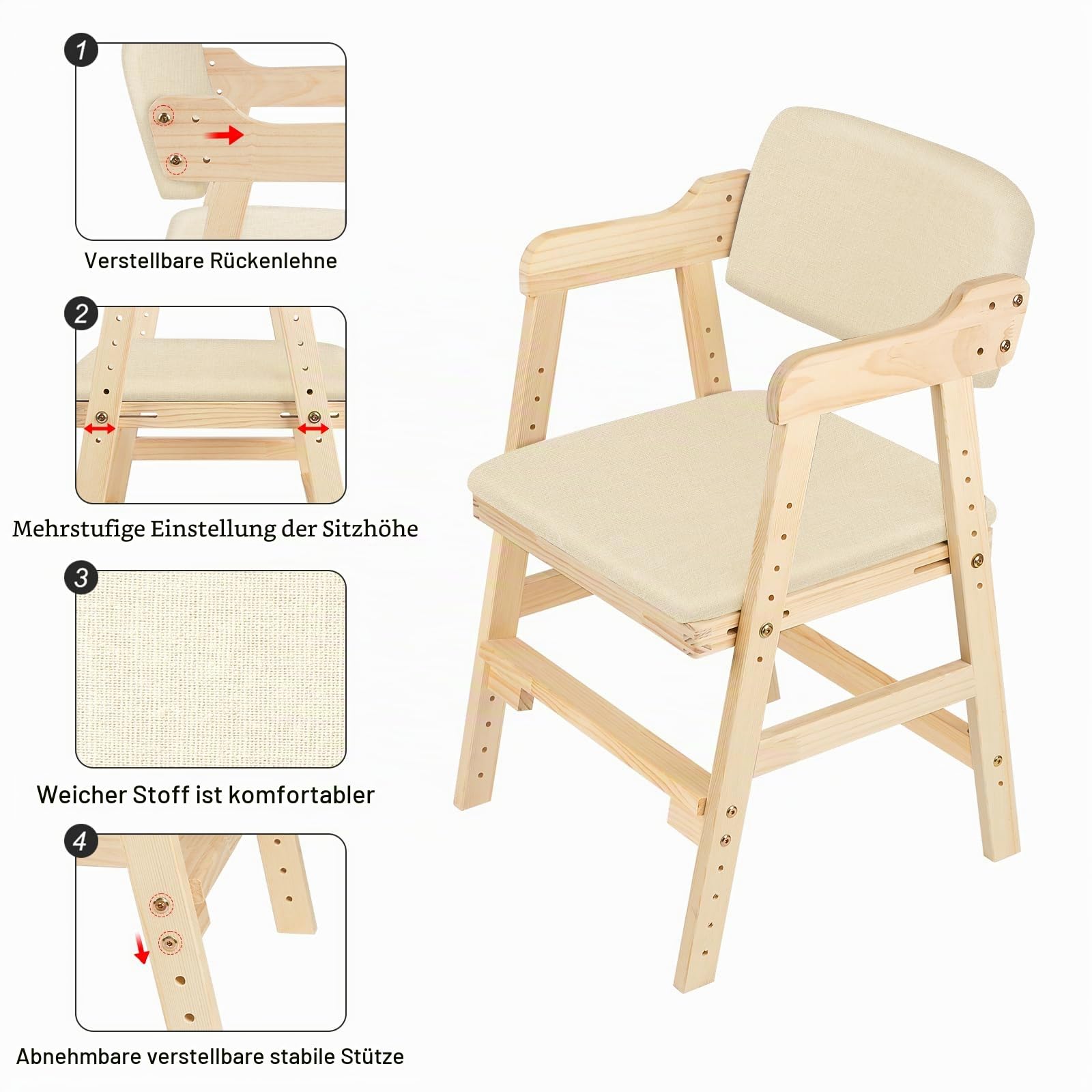 Hochstuhl aus Holz, aus hochwertigem Buchenholz, Stabil & Sicher bis 91 kg,Lehrstuhl, höhenverstellbarer Holzhochstuhl für kinder von 2 bis 12 Jahren (48 x 46 x 78 cm – Beige (1 Stück))