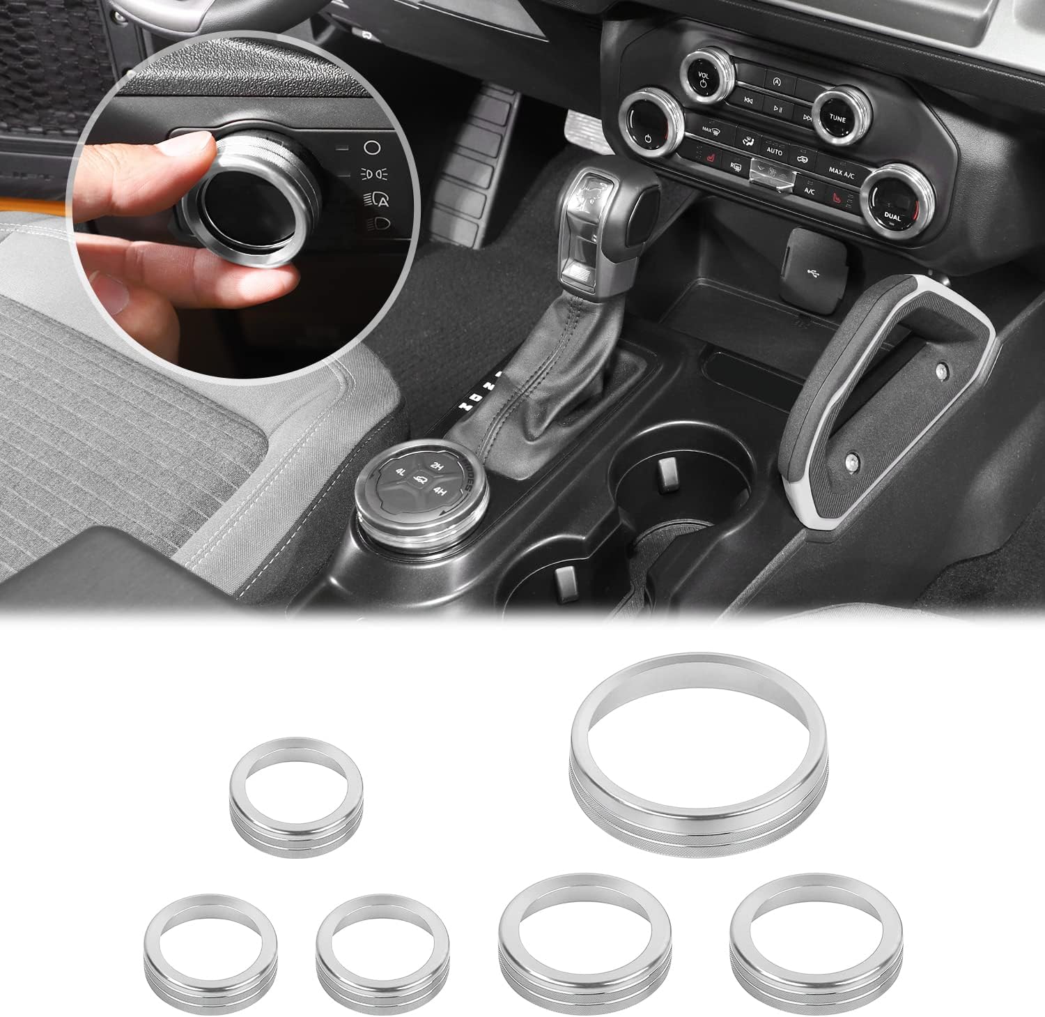 JWWY Air Conditioner Headlight Switch Knob 4WD Wheel Drive Trailer Gear Switch Knob Cover for 2021-2025+ Ford Bronco Accessories Aluminum Alloy 6PCS Silver（Don't fit Bronco Sport）