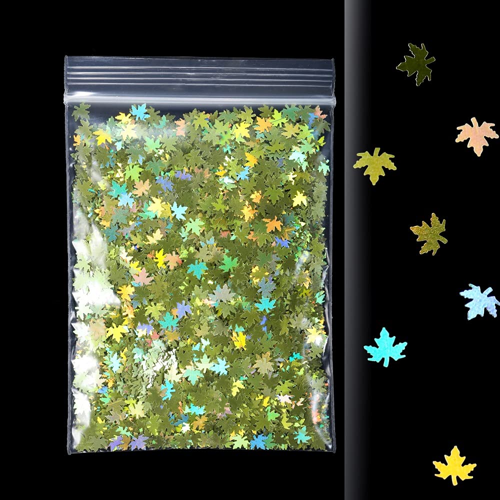 AGCFABS 10g Holographic Maple Leaf Glitter Flakes Nail Sequins Paillette Iridescent Multicolor Sheet for DIY Epoxy Resin Art Crafts (Light Green)