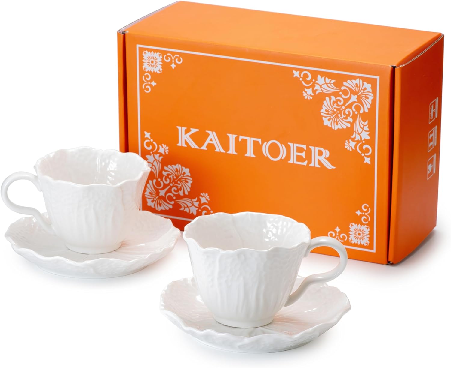 2 Pack White Ceramic Cups and Saucers Coffee Cups with Cabbage Floral Design 200ml (7 oz) Tea Cups for Espresso, Latte, Porcelain Mugs - Image 6
