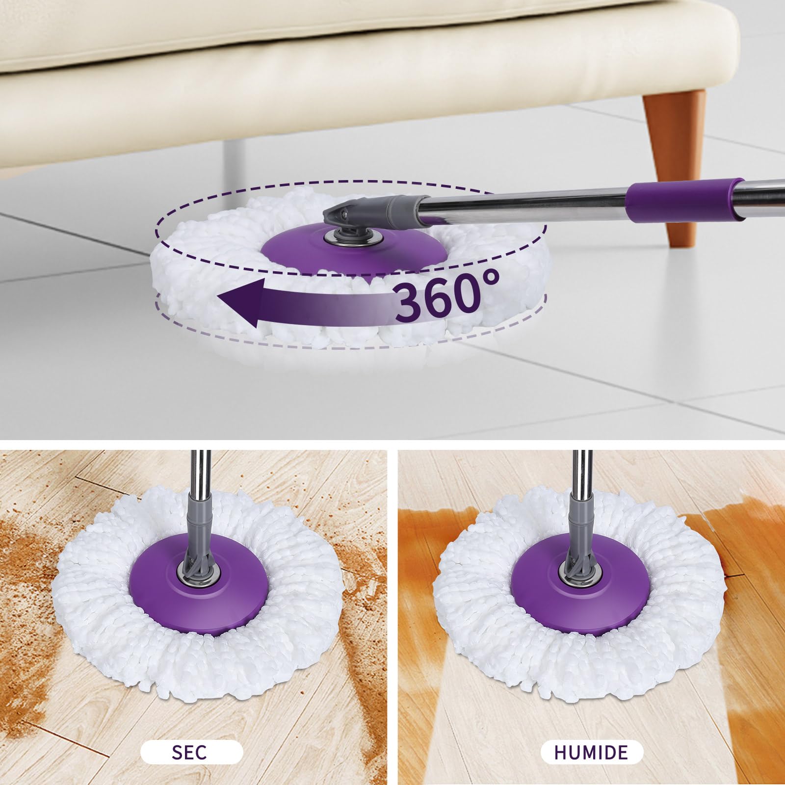 Balai Serpillère et Seau à Pédale, Masthome Seau Serpillere Rotatif 360° avec Système d'essorage Intégré, Seau Détachable avec 2 Compartiments pour Séparer l'eau Sale, Envoyer 6 Recharge en Microfibre