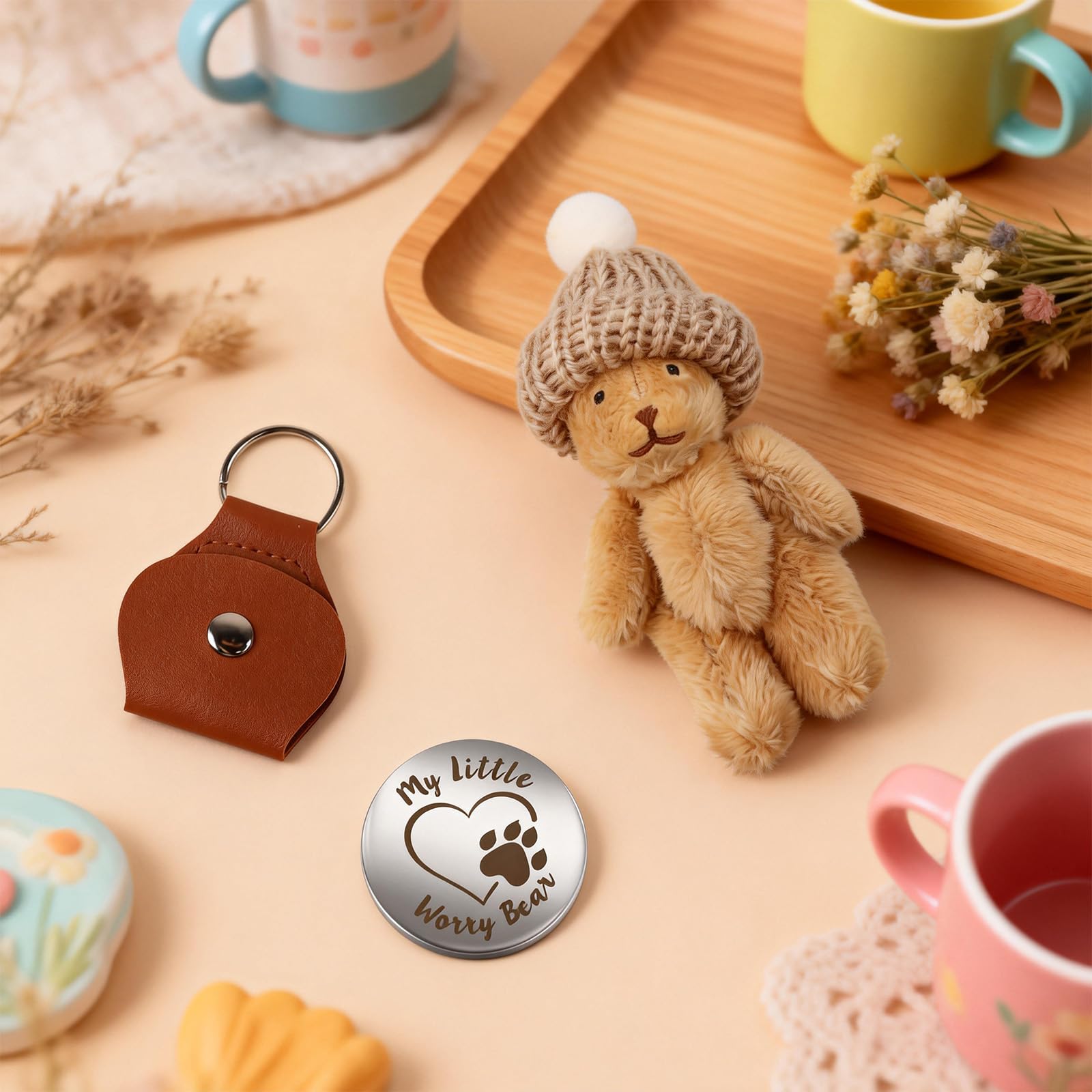 TUZELIYA Handmade Mini Worry Plush Bear in Box with Hat, Positive Little Plush Bear Set including LED Light Keychain Raffia - Image 3