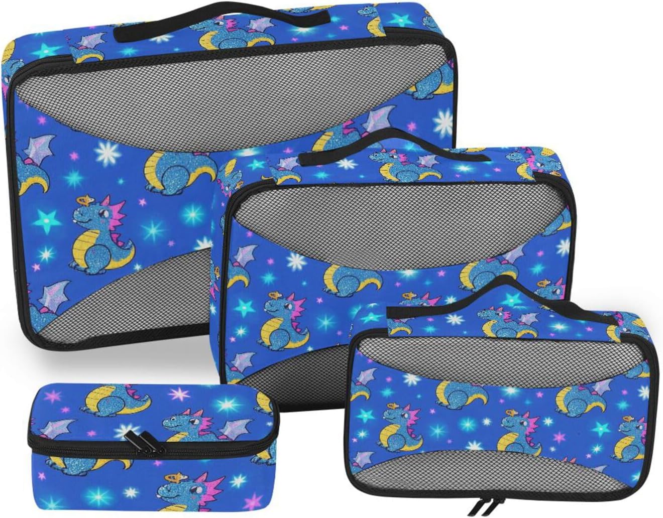 Fake Glitter Cartoon Dragon Blue 4 Pcs set travel luggage organizer Mesh Travel Essentials expandable packing cubes compression