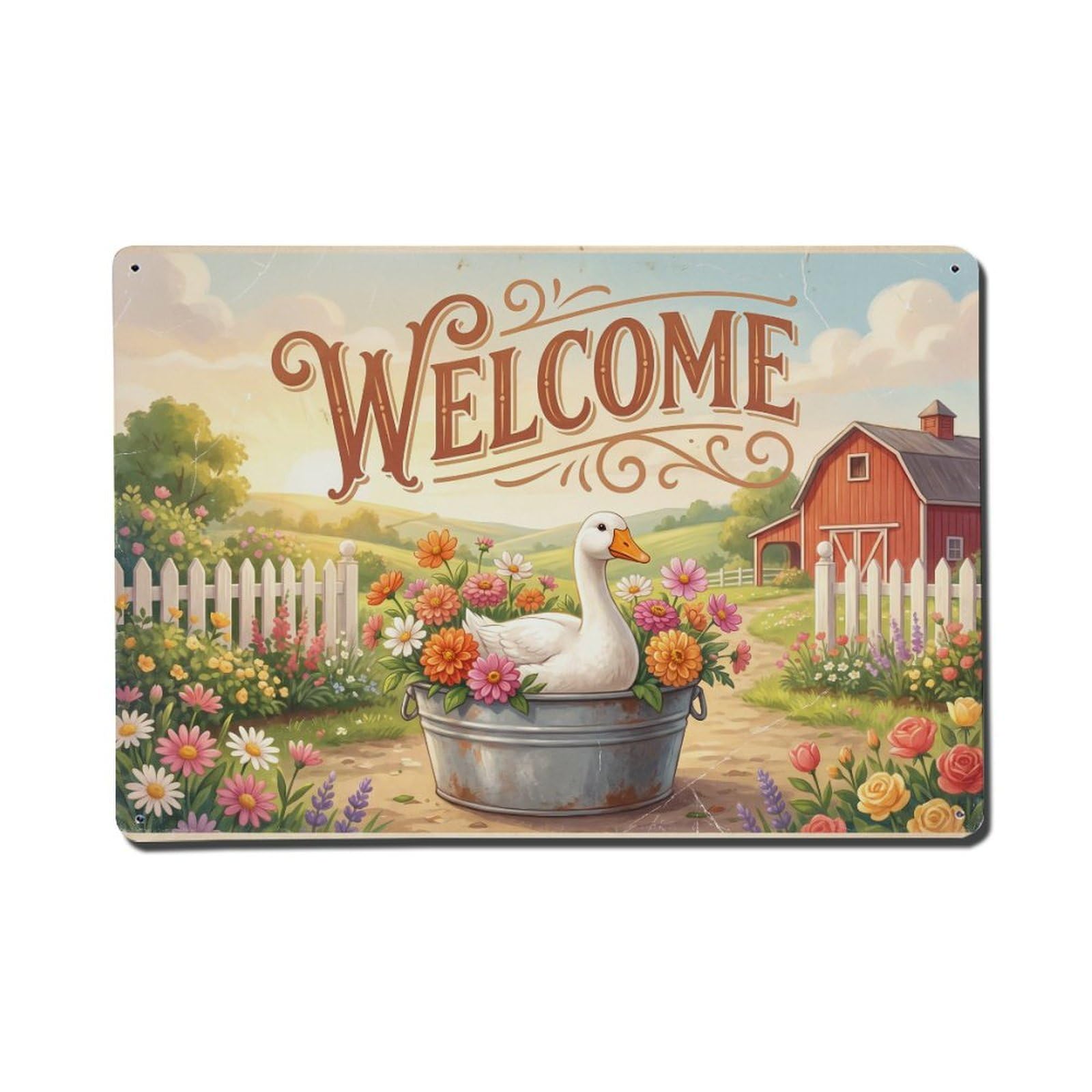 Vintage Welcome Goose Friendly Face Metal Tin Sign