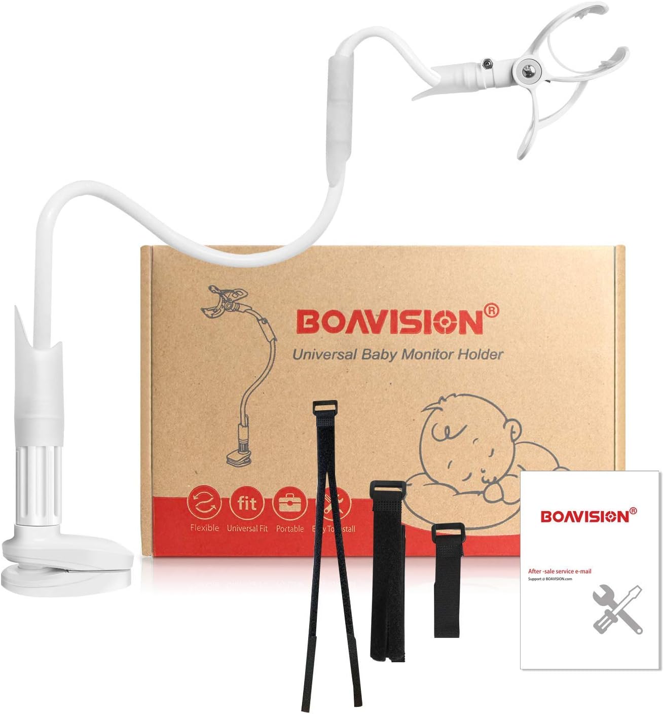 BOAVISION X5 Universal Baby Monitor Holder packaging with included accessories and manual