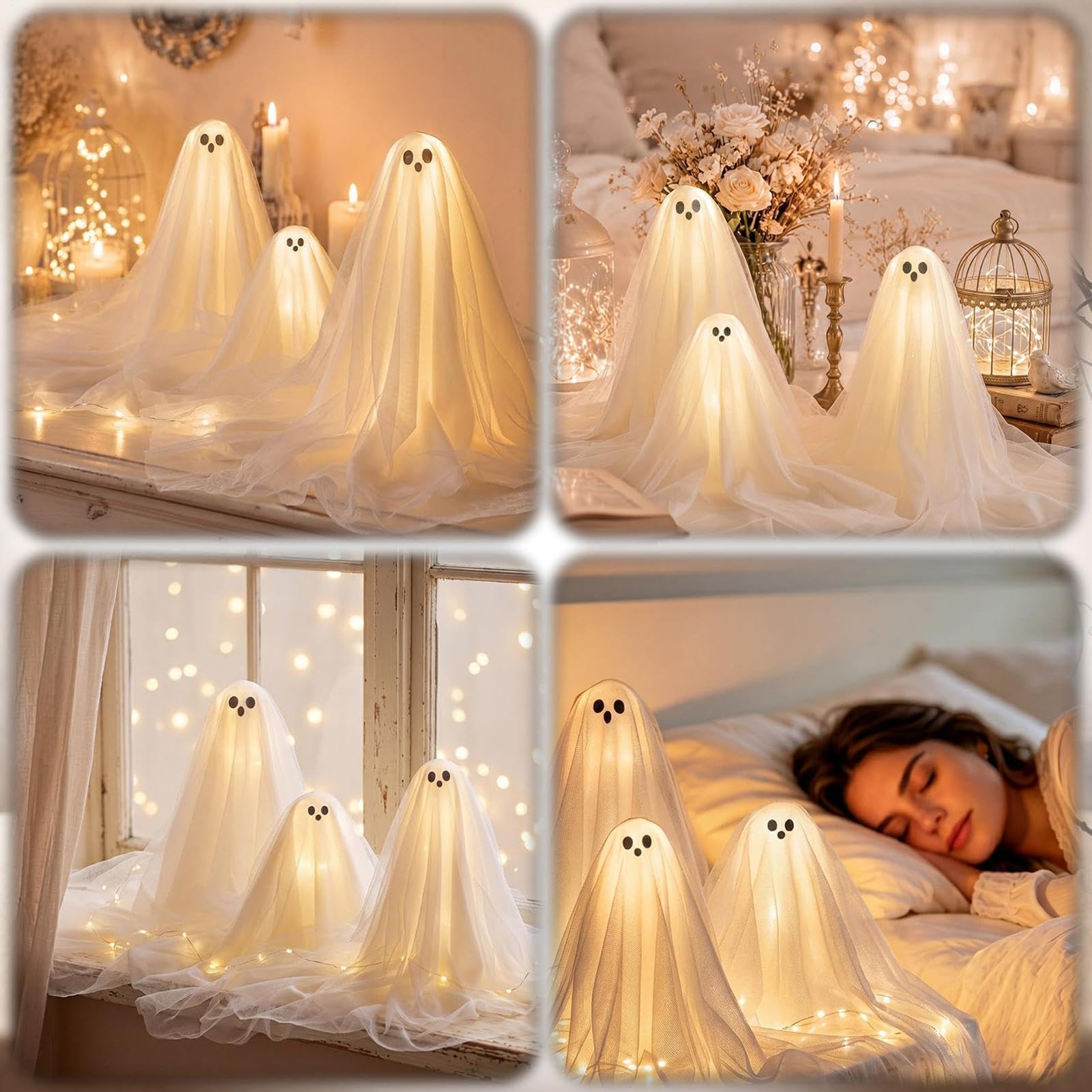 Halloween fantasma 3 pezzi illuminato Halloween Decor | Ghost, luce LED con base in legno, per feste, casa, ufficio, soggiorno, libreria, mensola