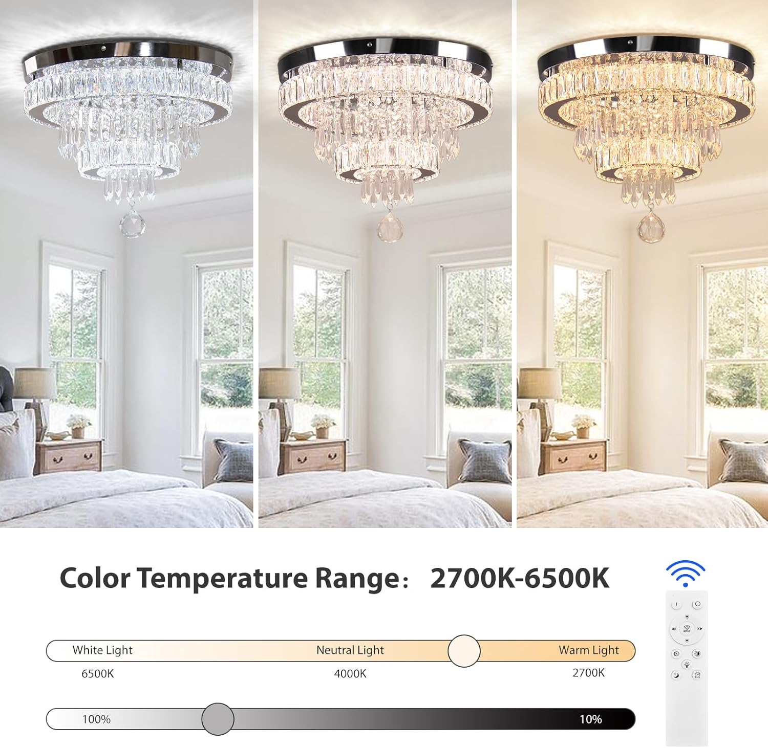 crystal chandeliers modern crystal chandelier flush mount ceiling light fixture with remote control for bedroom dining room living room (16 inch dimmable) 15.7 inch-dimmable